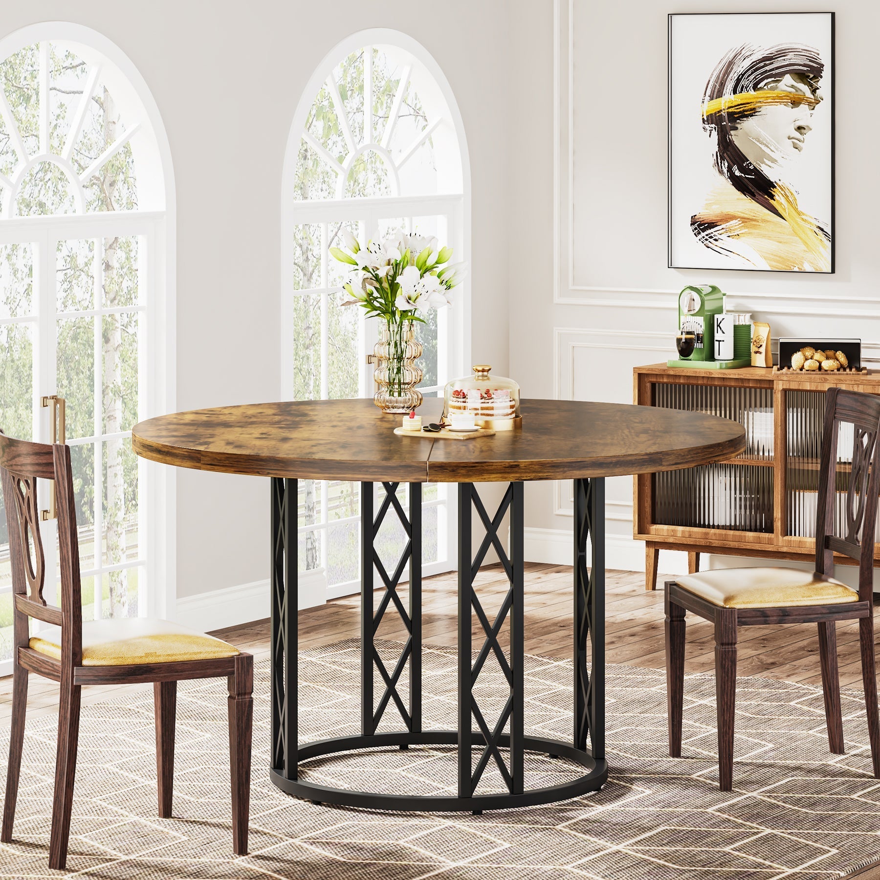 Round Dining Table for 4 People, 120 cm Kitchen Table with Metal Base