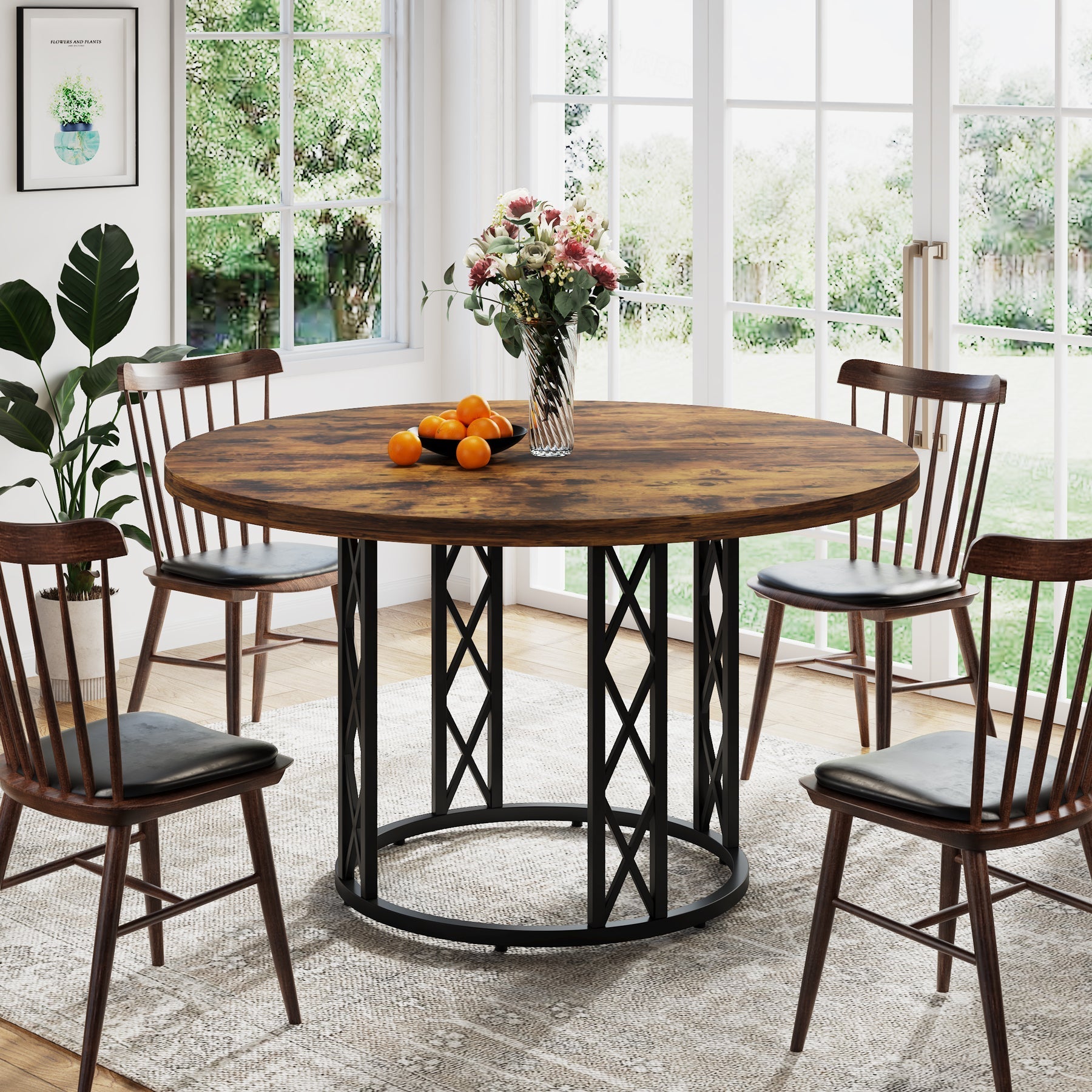 Round Dining Table for 4 People, 120 cm Kitchen Table with Metal Base