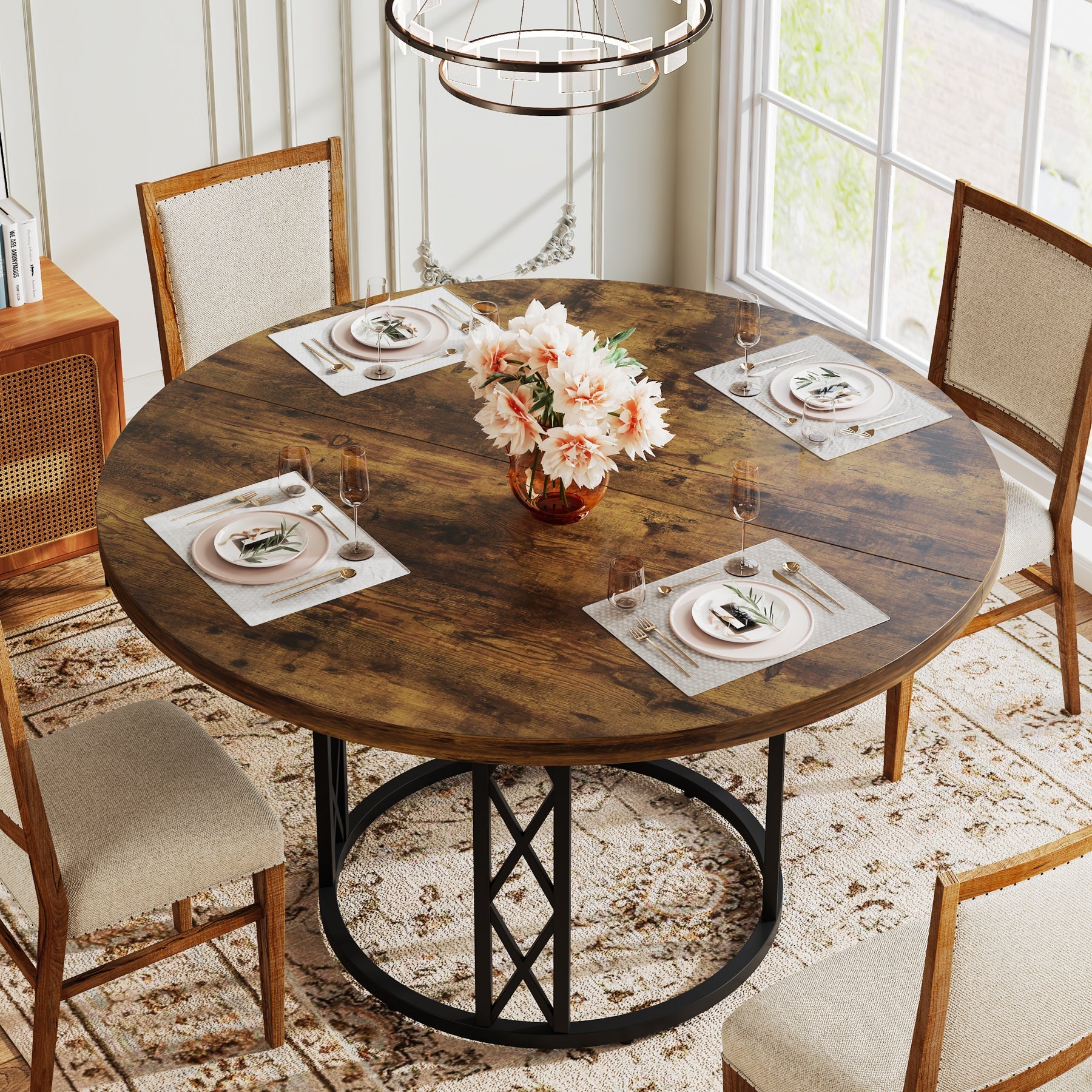 Round Dining Table for 4 People, 120 cm Kitchen Table with Metal Base