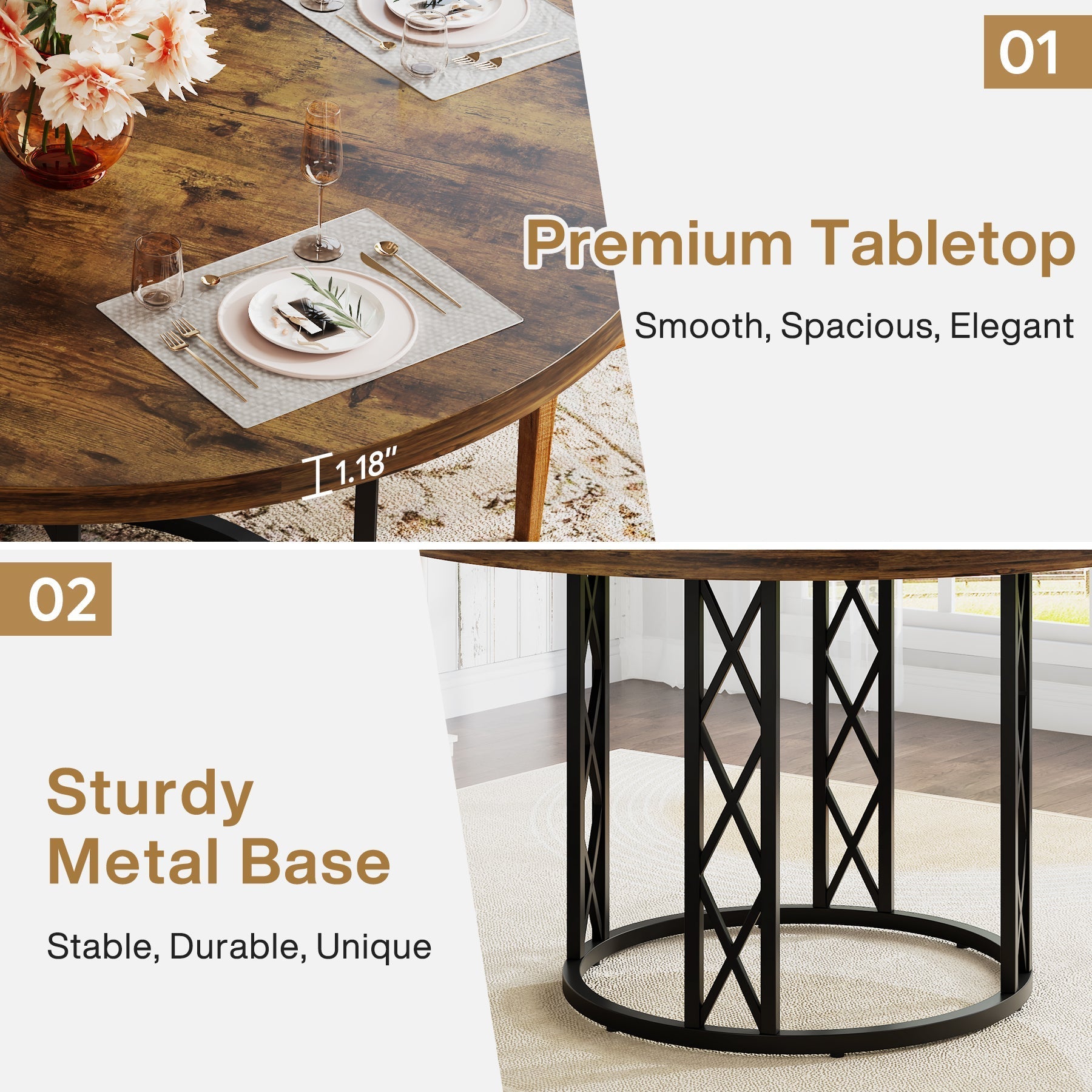 Round Dining Table for 4 People, 120 cm Kitchen Table with Metal Base