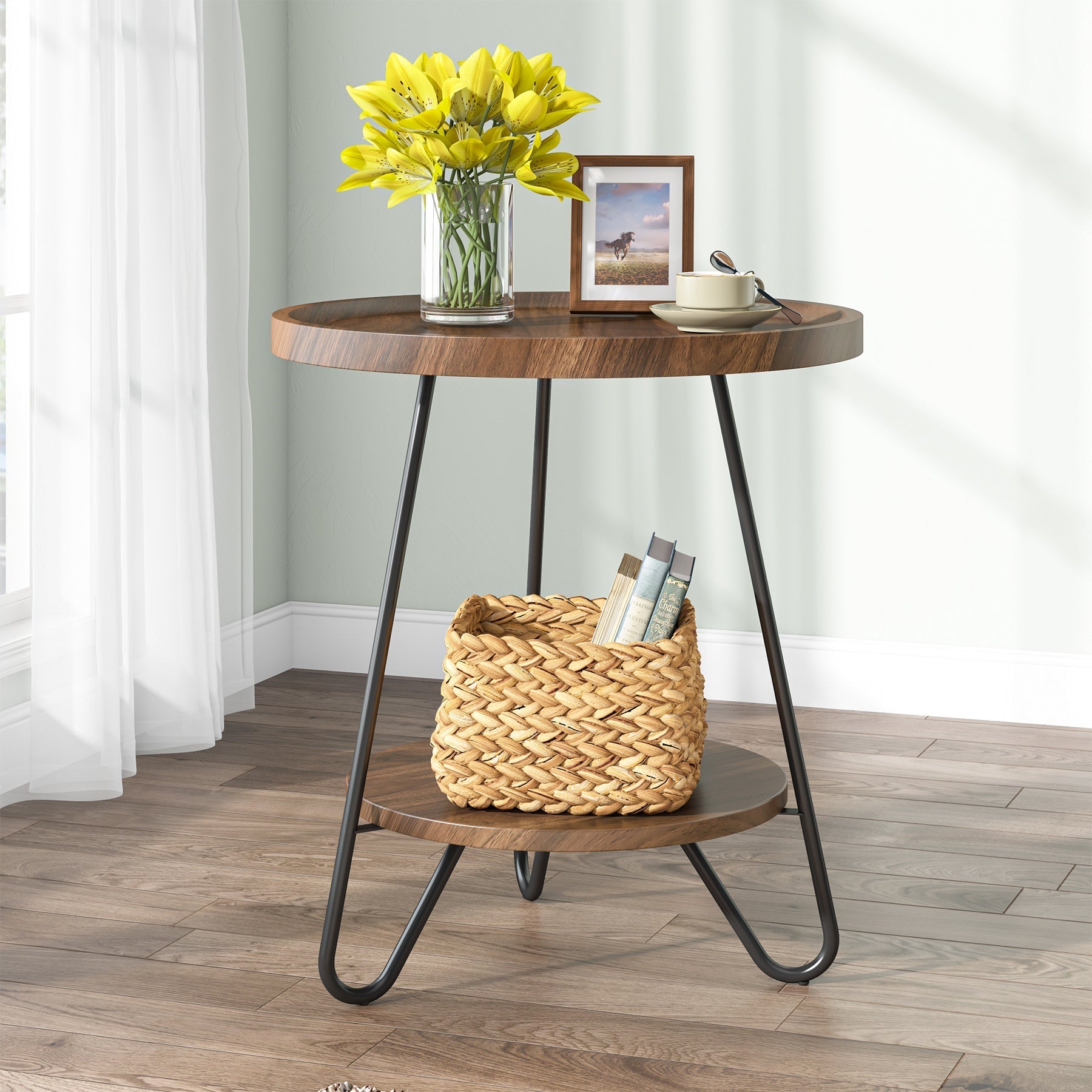 Round End Table, 2-Tier Side Table Accent Table with Metal Legs