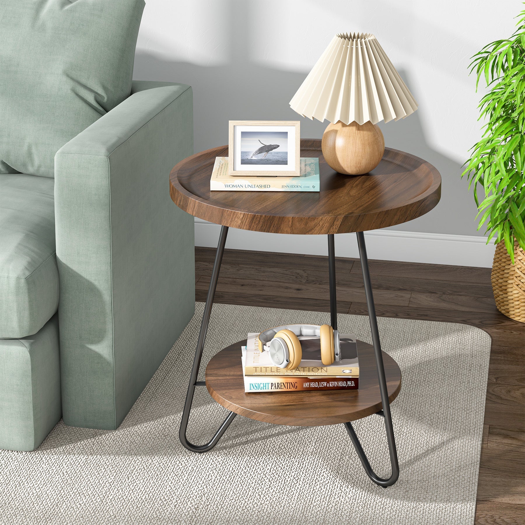 Round End Table, 2-Tier Side Table Accent Table with Metal Legs