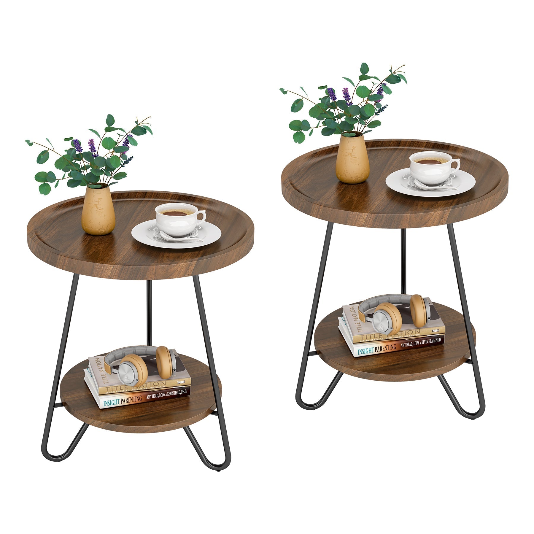 Round End Table, 2-Tier Side Table Accent Table with Metal Legs