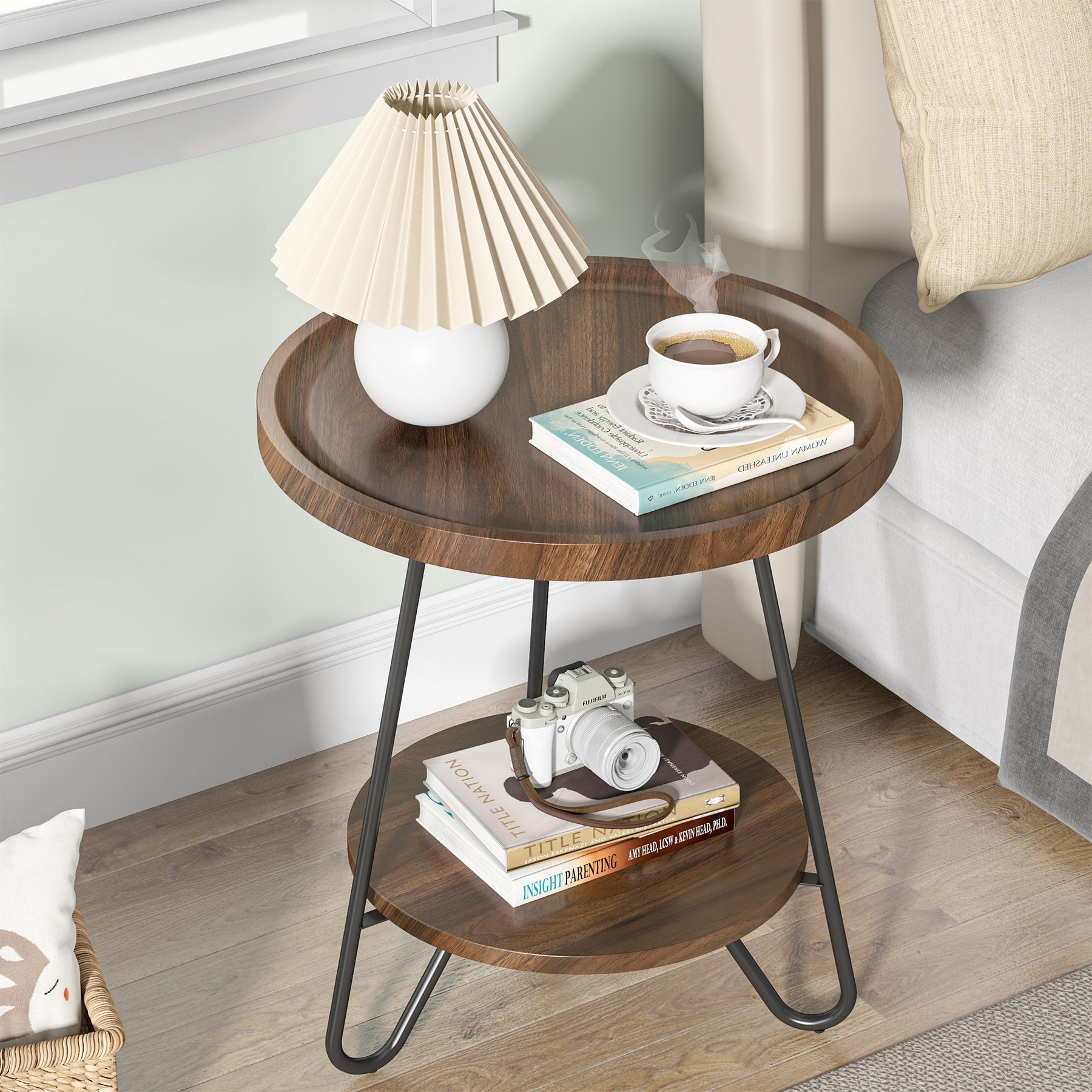 Round End Table, 2-Tier Side Table Accent Table with Metal Legs