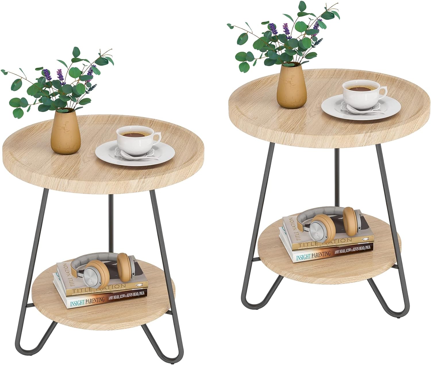 Round End Table, 2-Tier Side Table Accent Table with Metal Legs