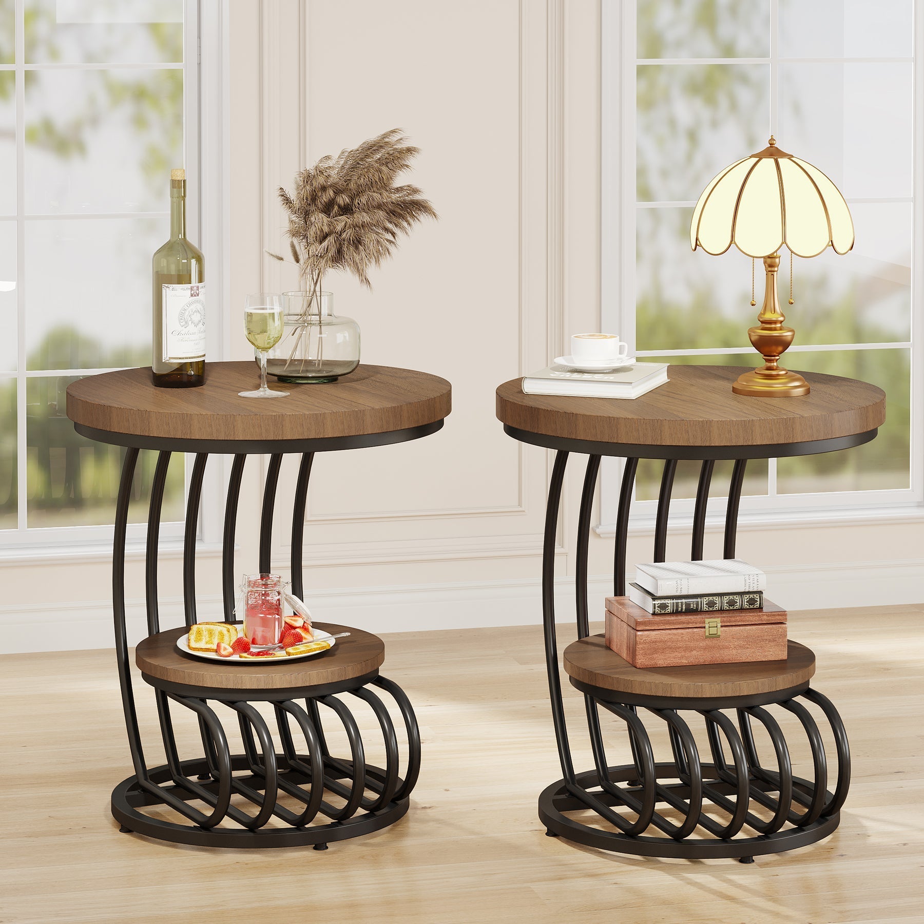 Round End Table, 2 Tiers Faux Marble Side Table with Storage Shelf