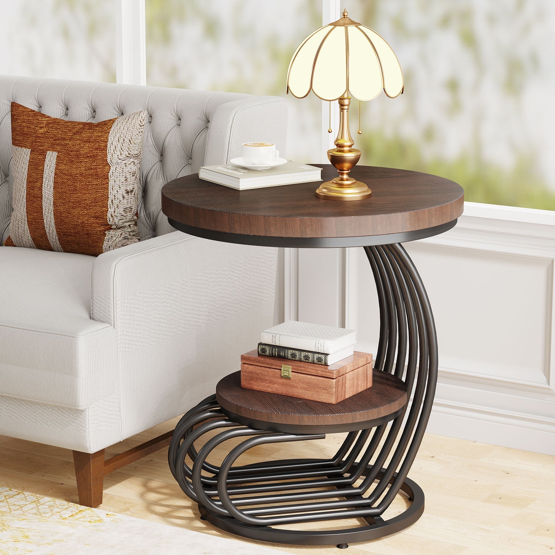 Round End Table, 2 Tiers Faux Marble Side Table with Storage Shelf