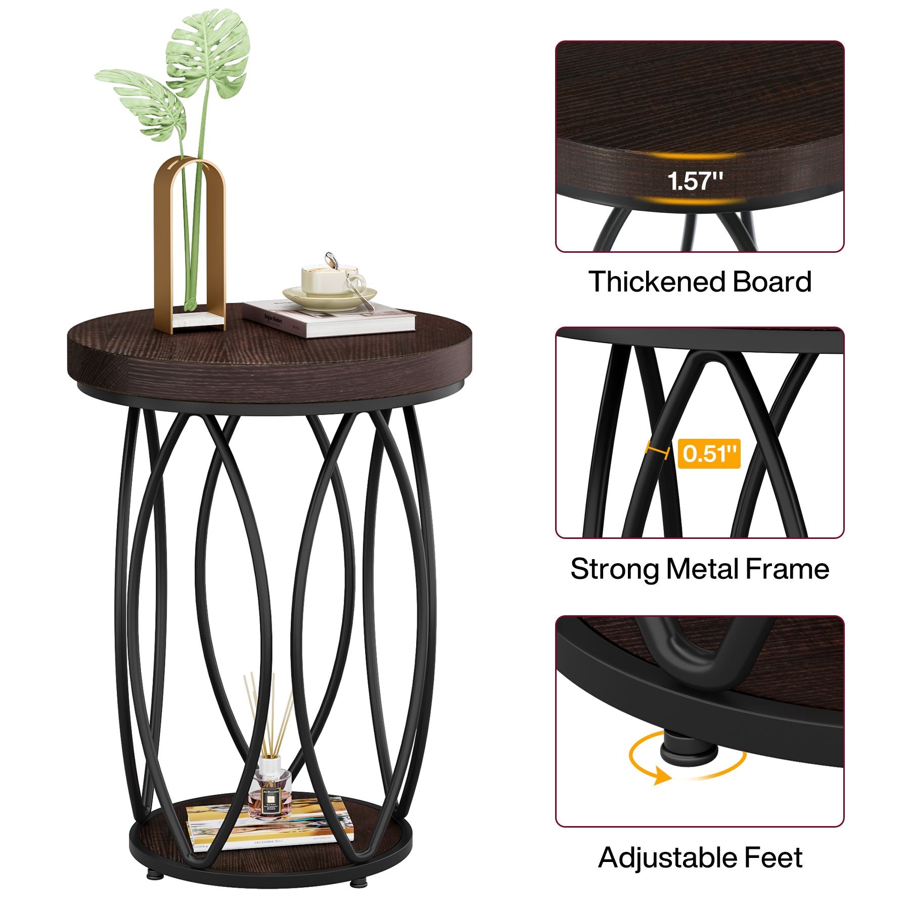 Round End Table, Industrial Accent Side Table with Storage Shelf