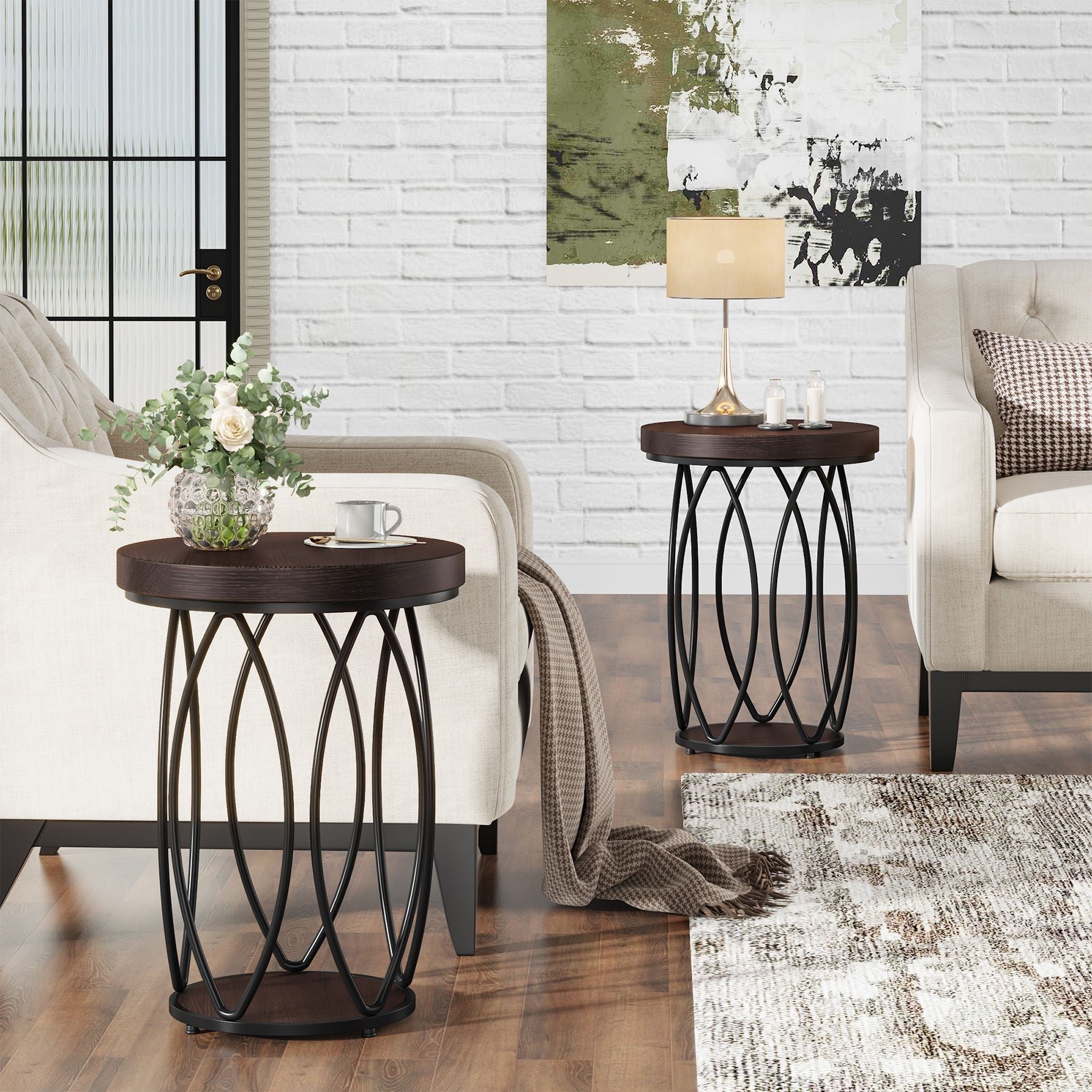 Round End Table, Industrial Accent Side Table with Storage Shelf