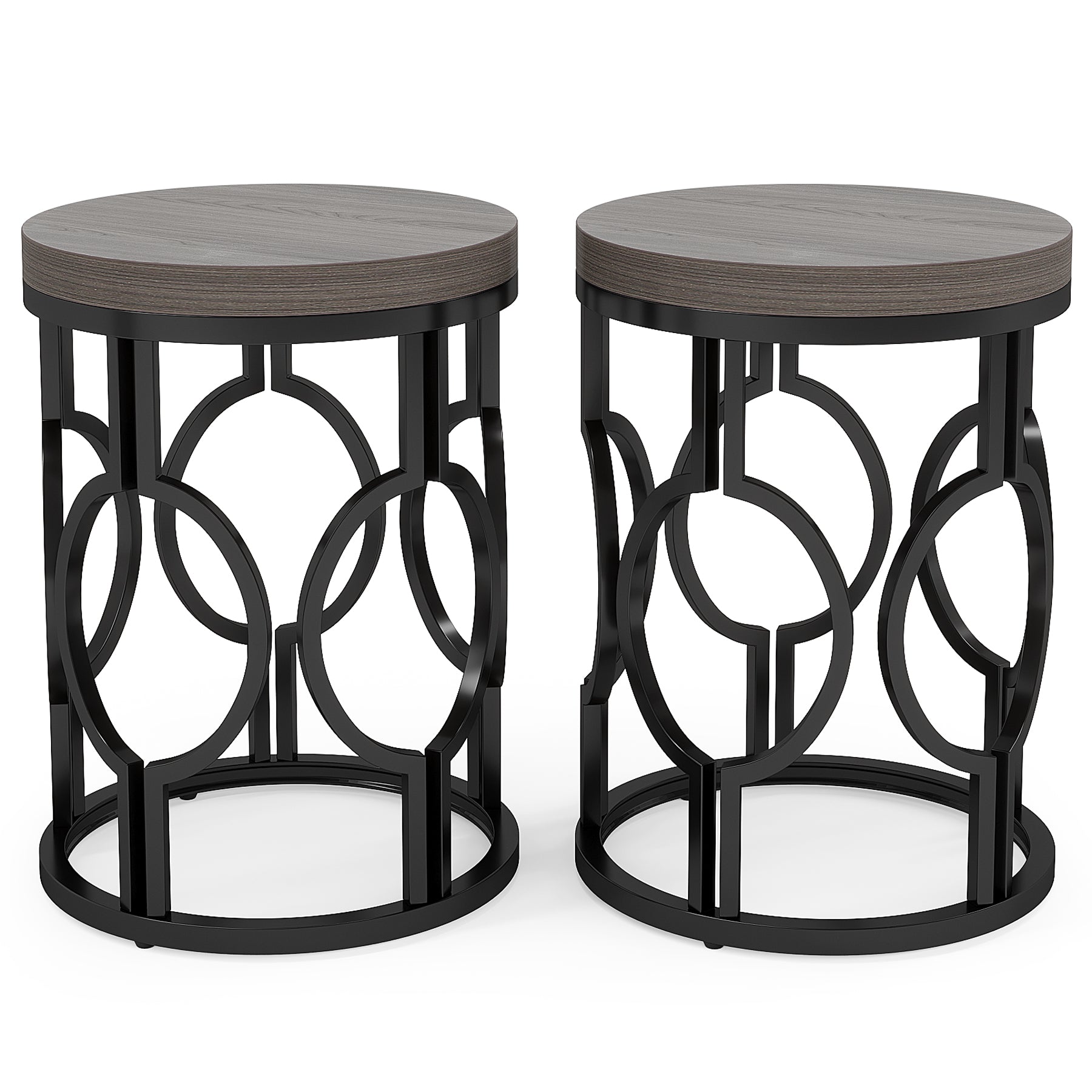 Round End Table, Industrial Side Table with Metal Hollow Frame