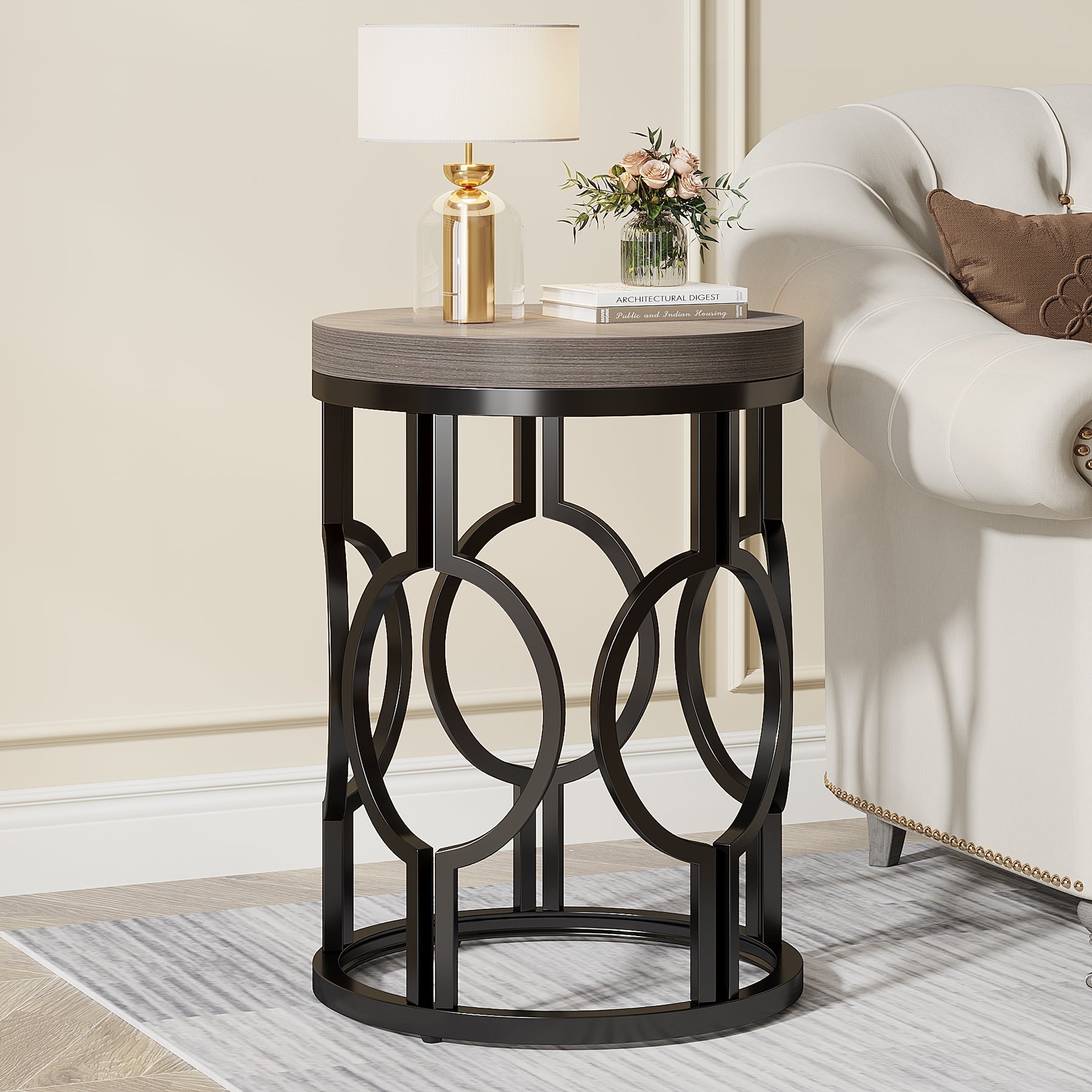 Round End Table, Industrial Side Table with Metal Hollow Frame