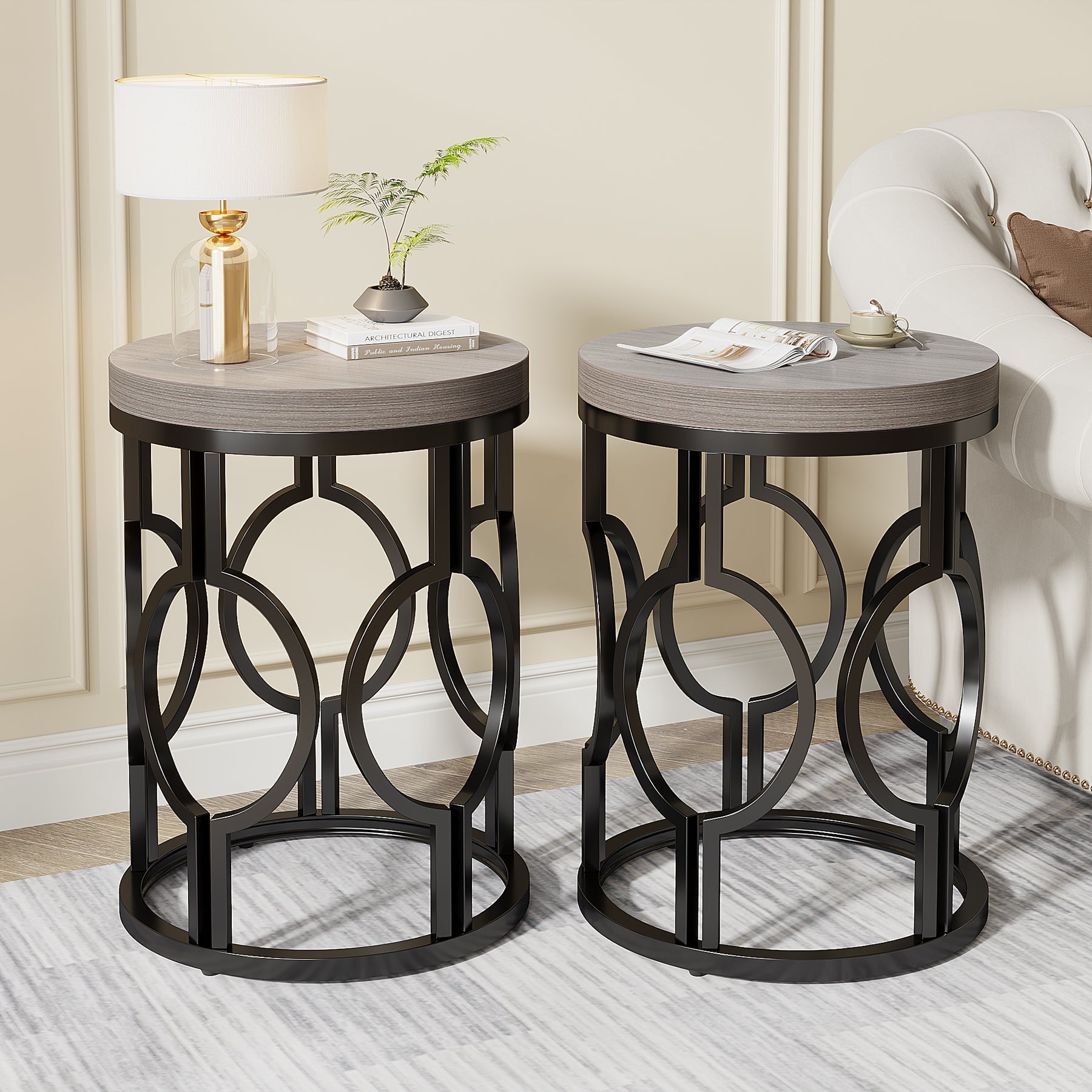 Round End Table, Industrial Side Table with Metal Hollow Frame