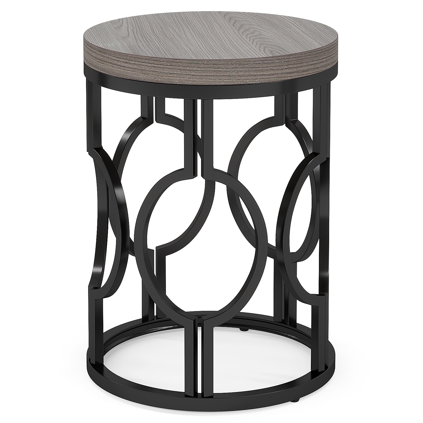 Round End Table, Industrial Side Table with Metal Hollow Frame