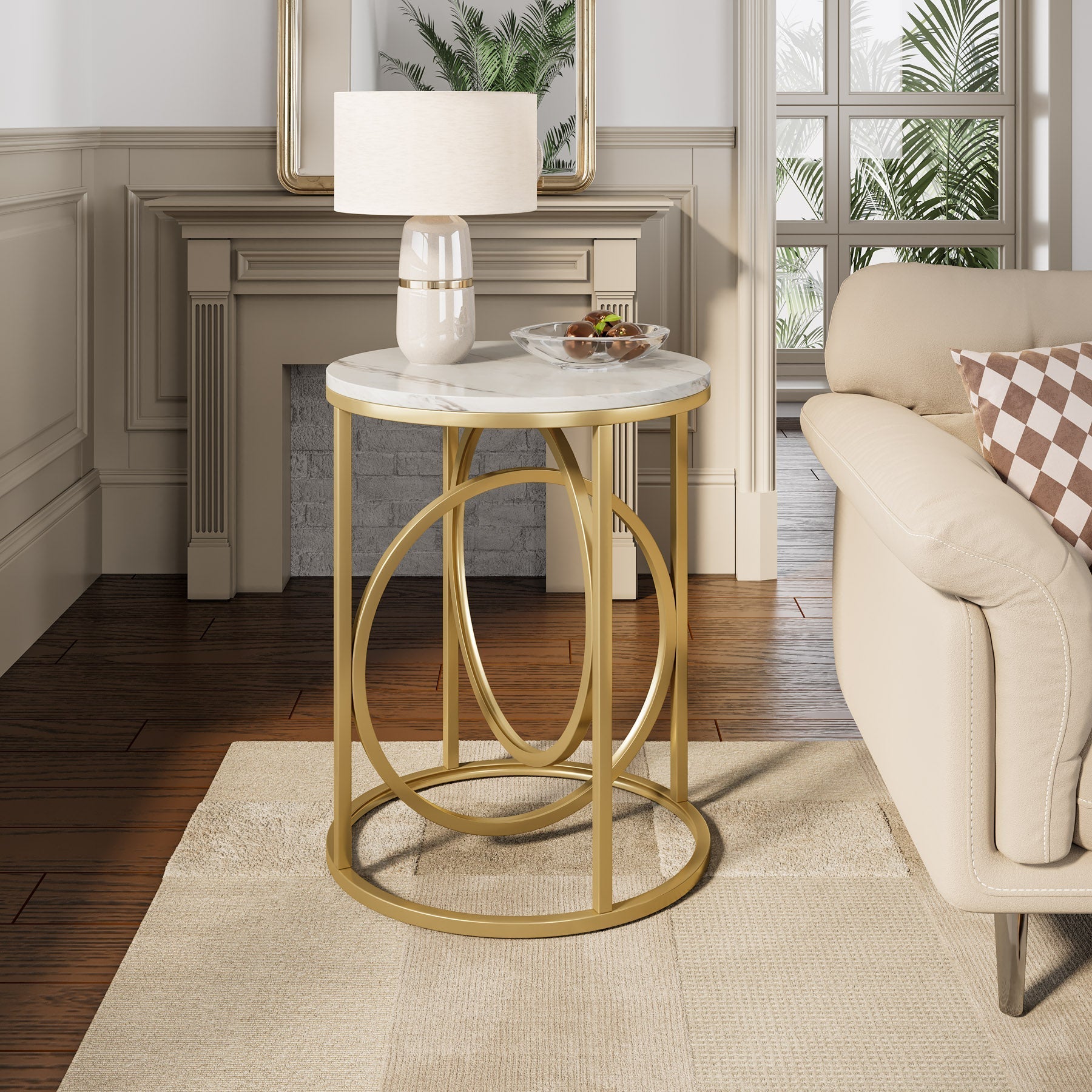 Round End Table, Modern Sofa Side Table with Faux Marble Top