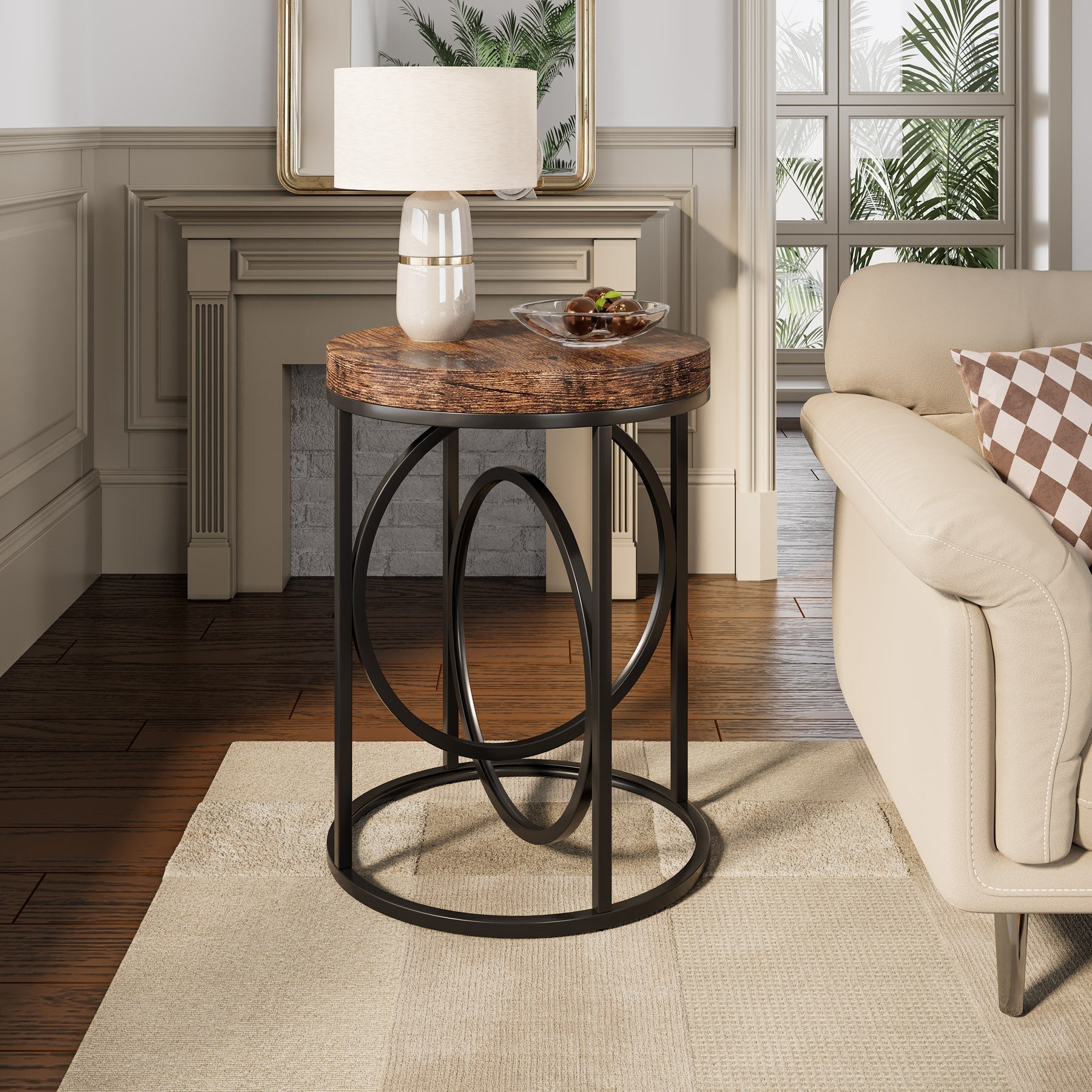 Round End Table, Modern Sofa Side Table with Faux Marble Top