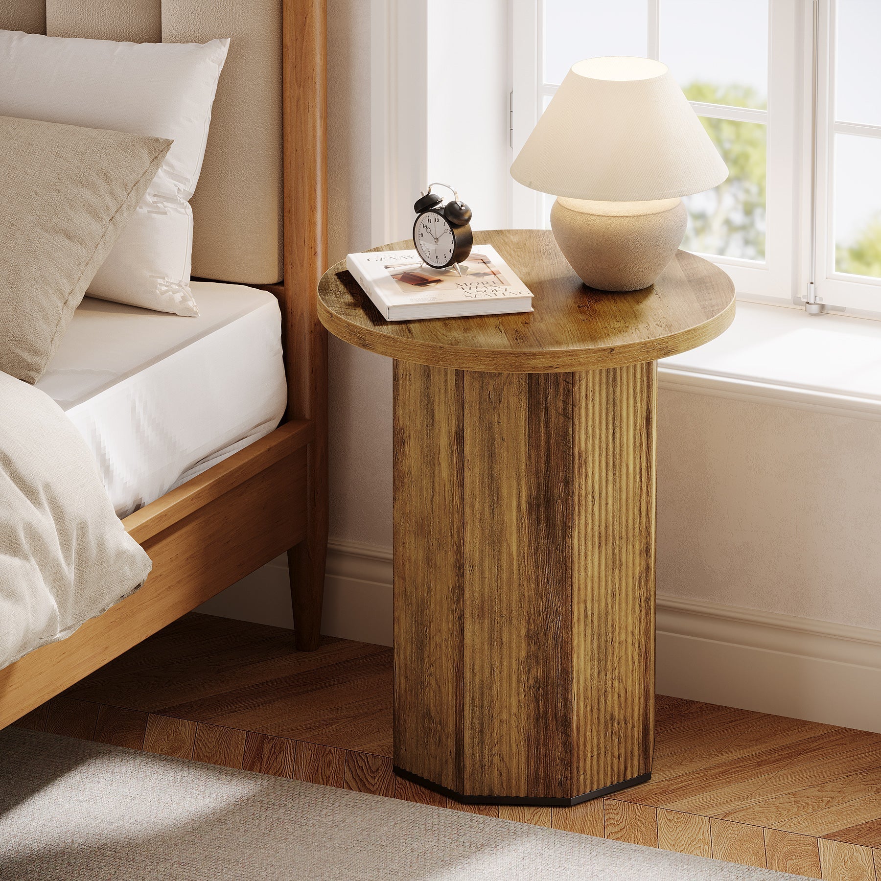 Round End Table, Narrow Side Table Nightstand with Stable Pedestal