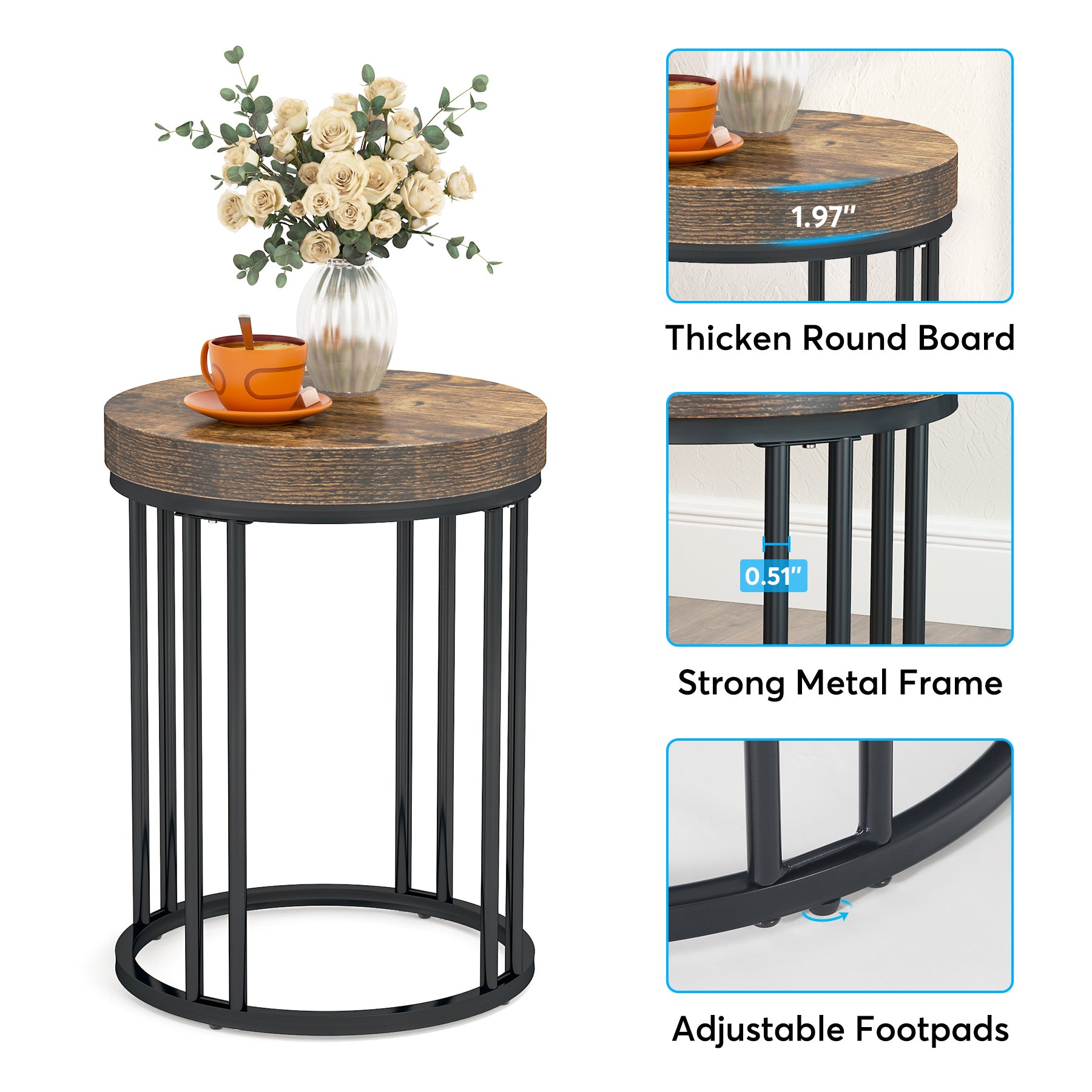 Round End Table, Small Accent Side Table with Metal Frame