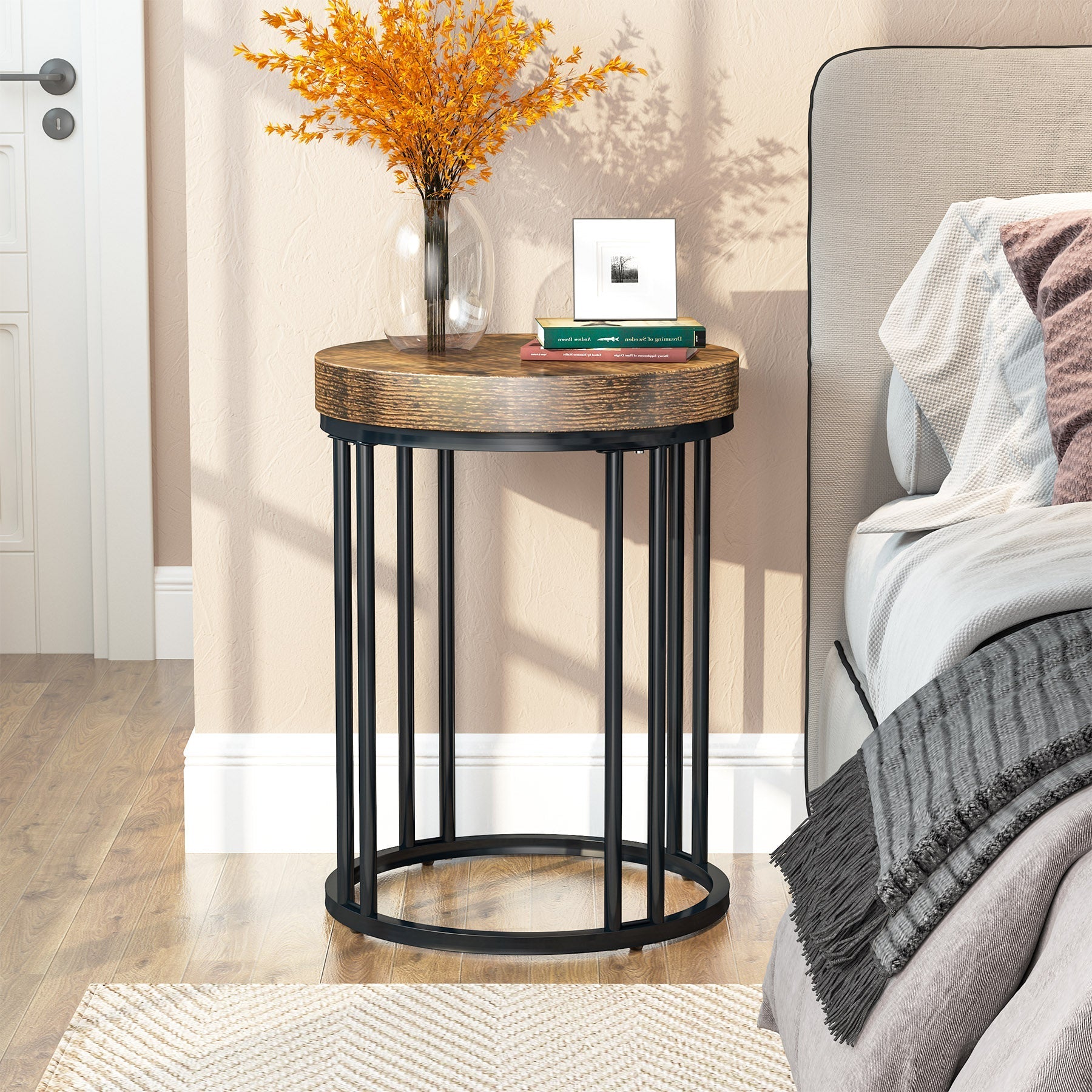 Round End Table, Small Accent Side Table with Metal Frame