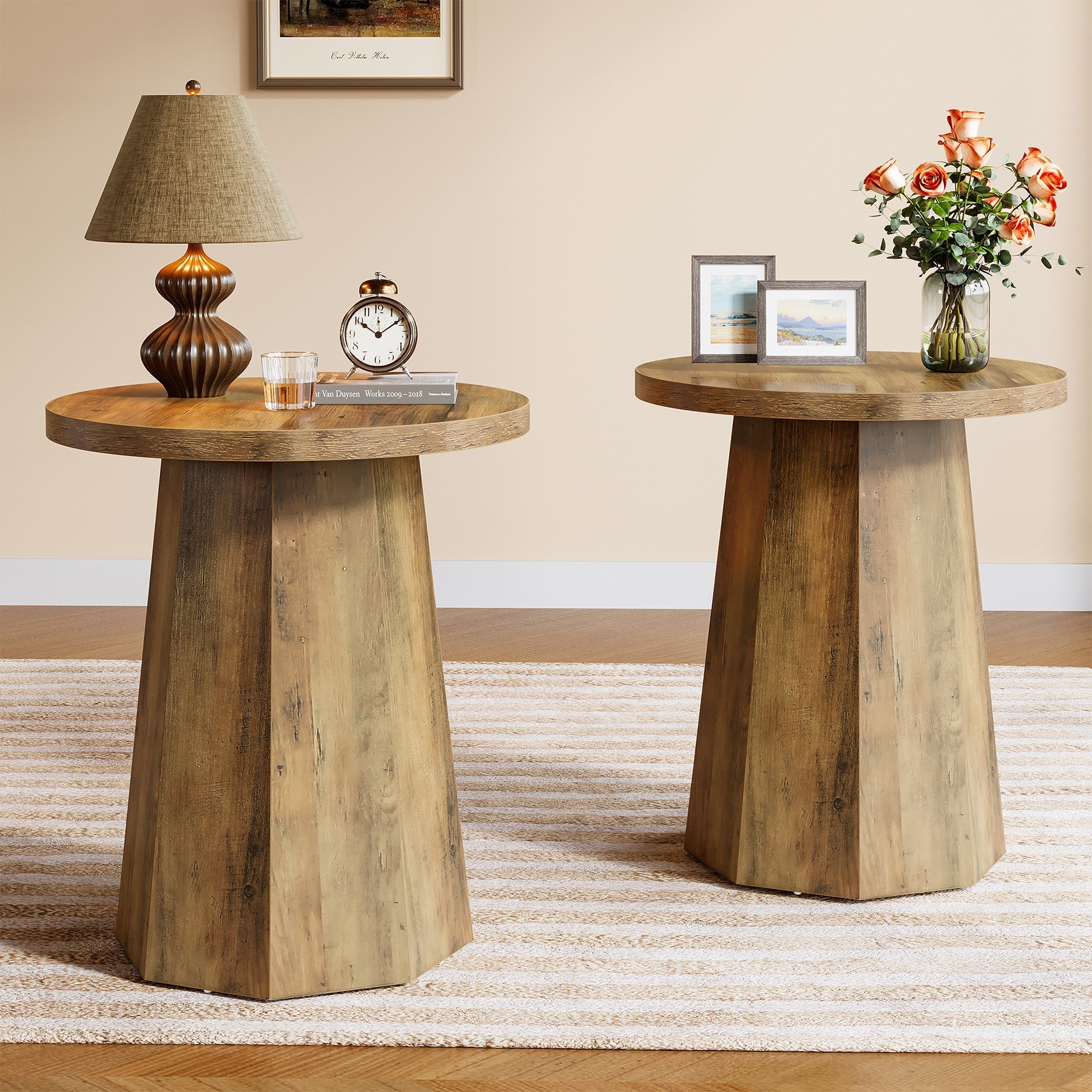 Round End Table, Wooden Couch Side Table with Octagonal Base