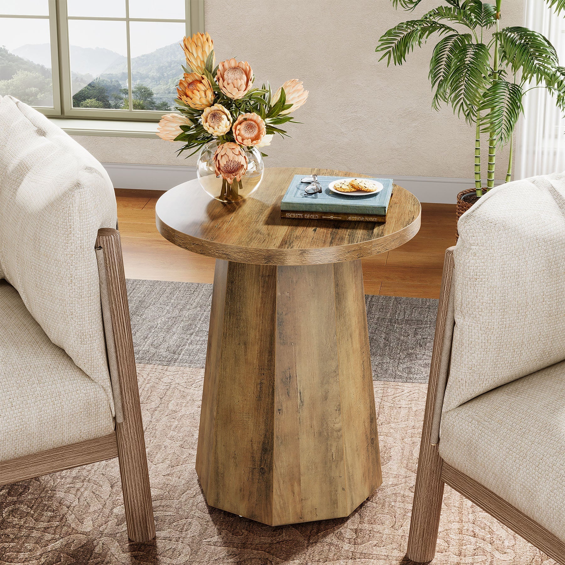 Round End Table, Wooden Couch Side Table with Octagonal Base