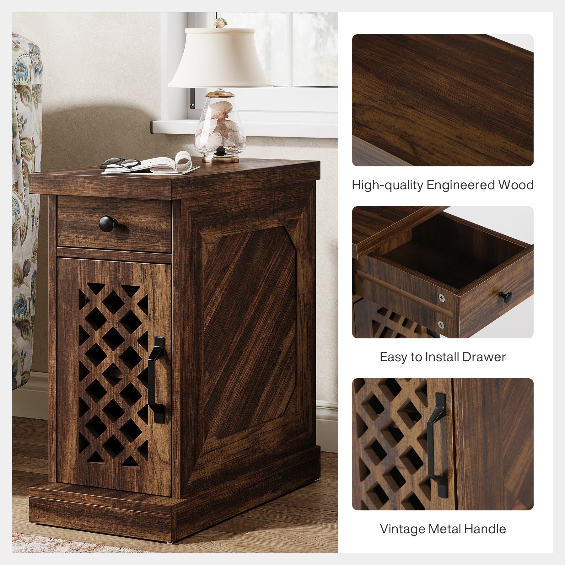 Rustic Side Table, End Table Nightstand with Storage Drawer (in cm)