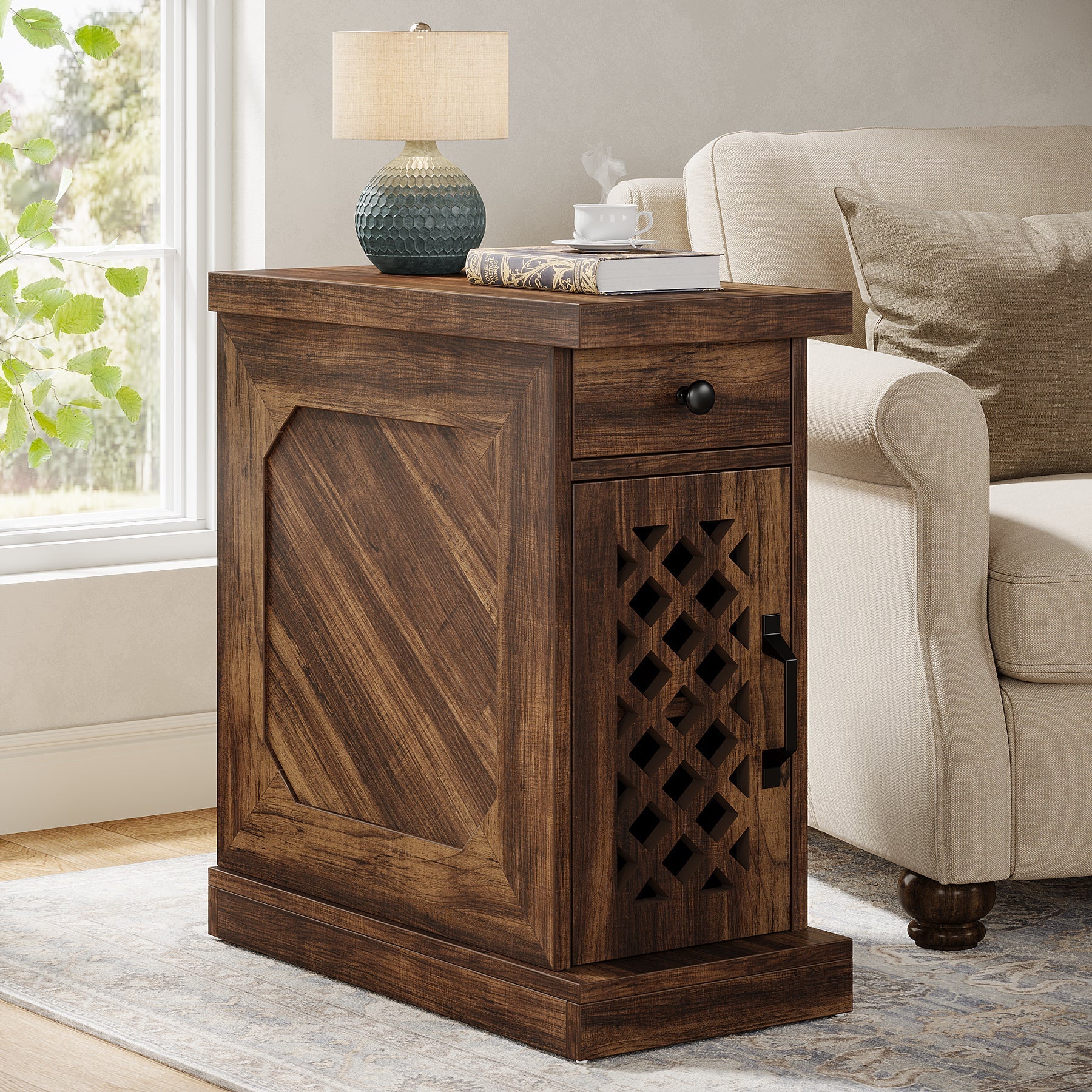 Rustic Side Table, End Table Nightstand with Storage Drawer (in cm)