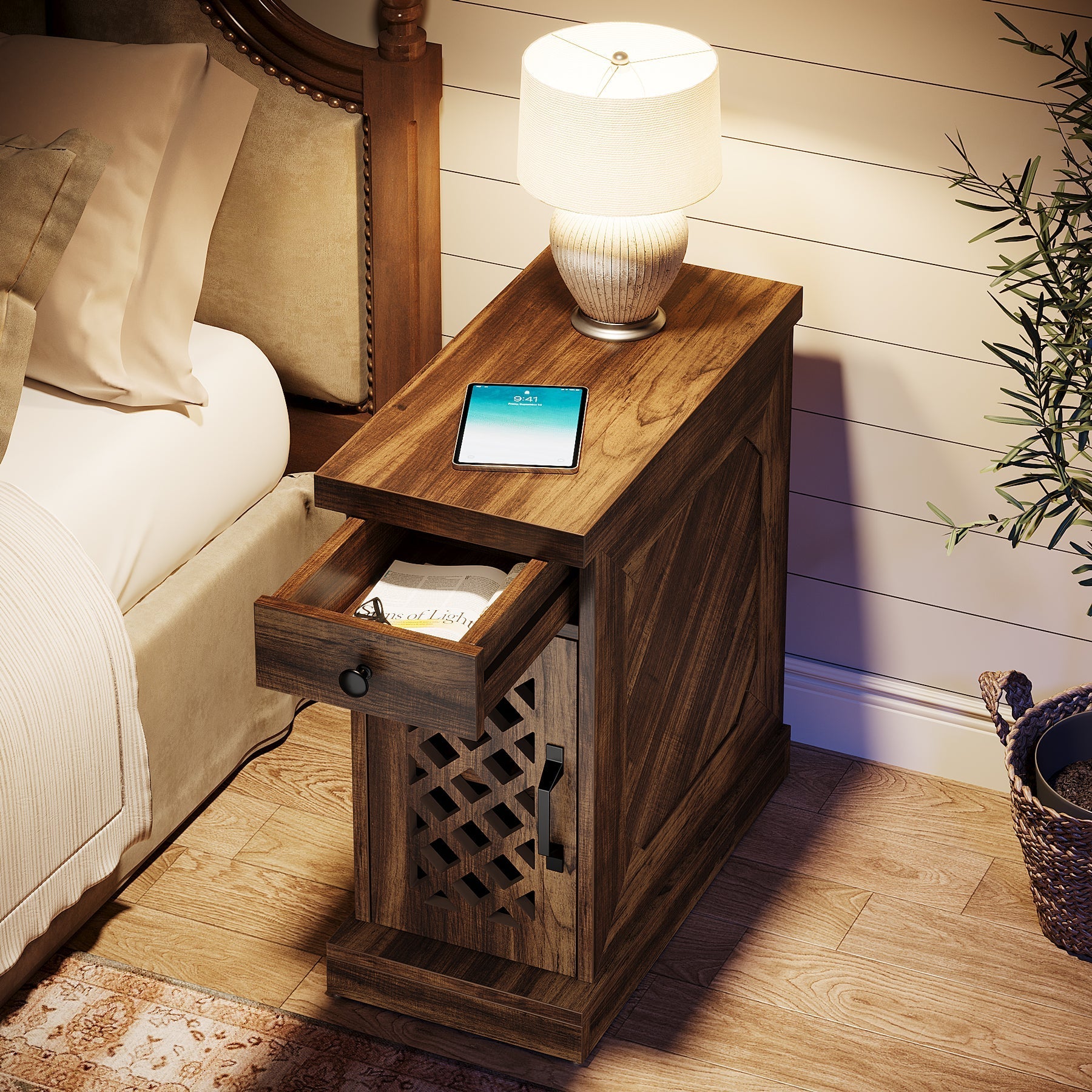 Rustic Side Table, End Table Nightstand with Storage Drawer (in cm)