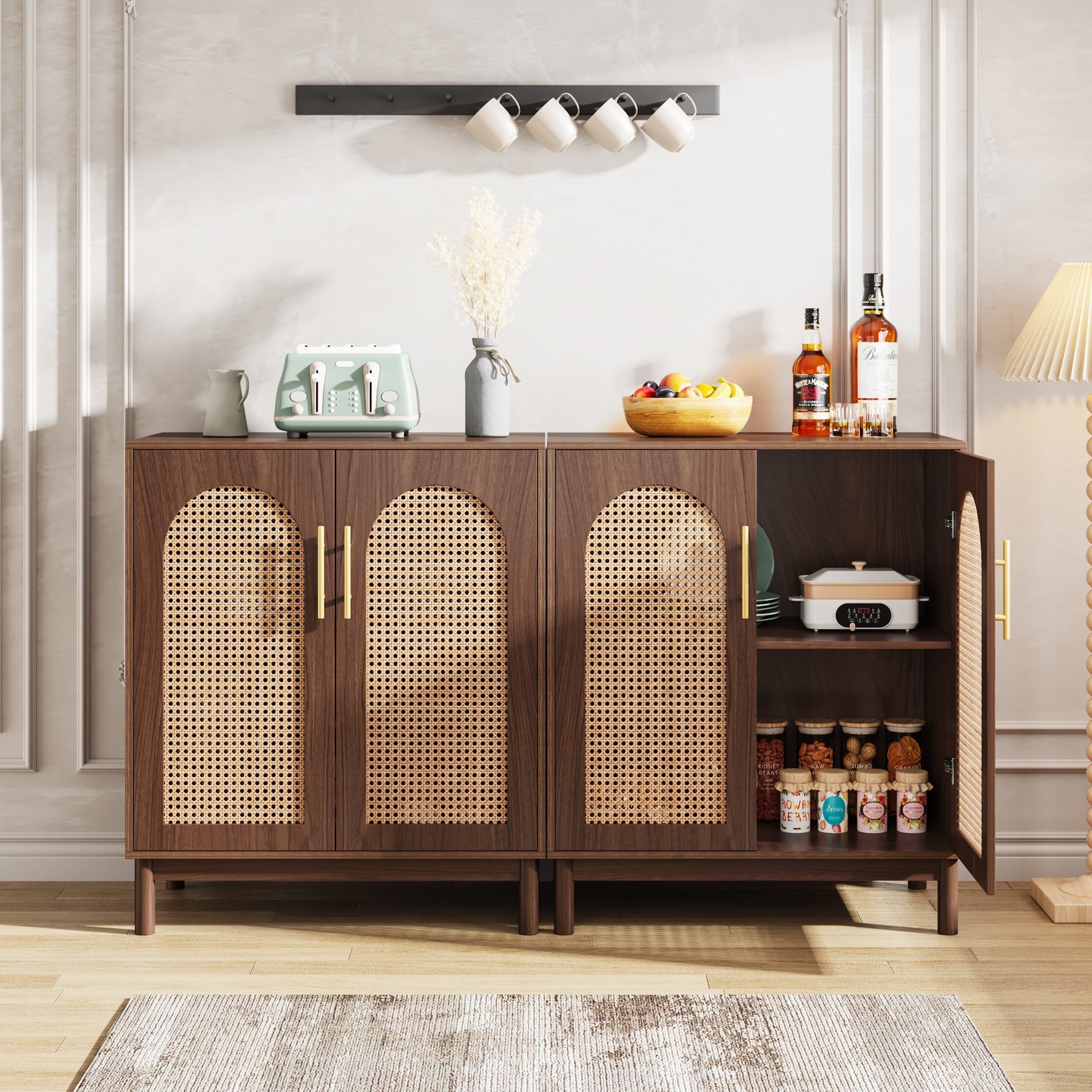 Sideboard Buffet Set of 2, Accent Rattan Storage Cabinet with Doors (in cm)