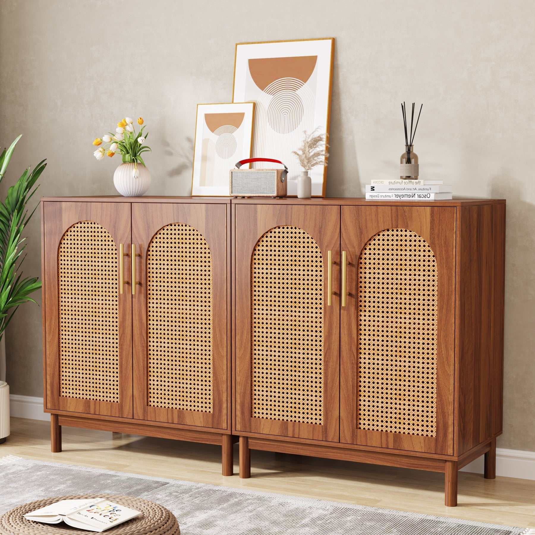 Sideboard Buffet Set of 2, Accent Rattan Storage Cabinet with Doors (in cm)