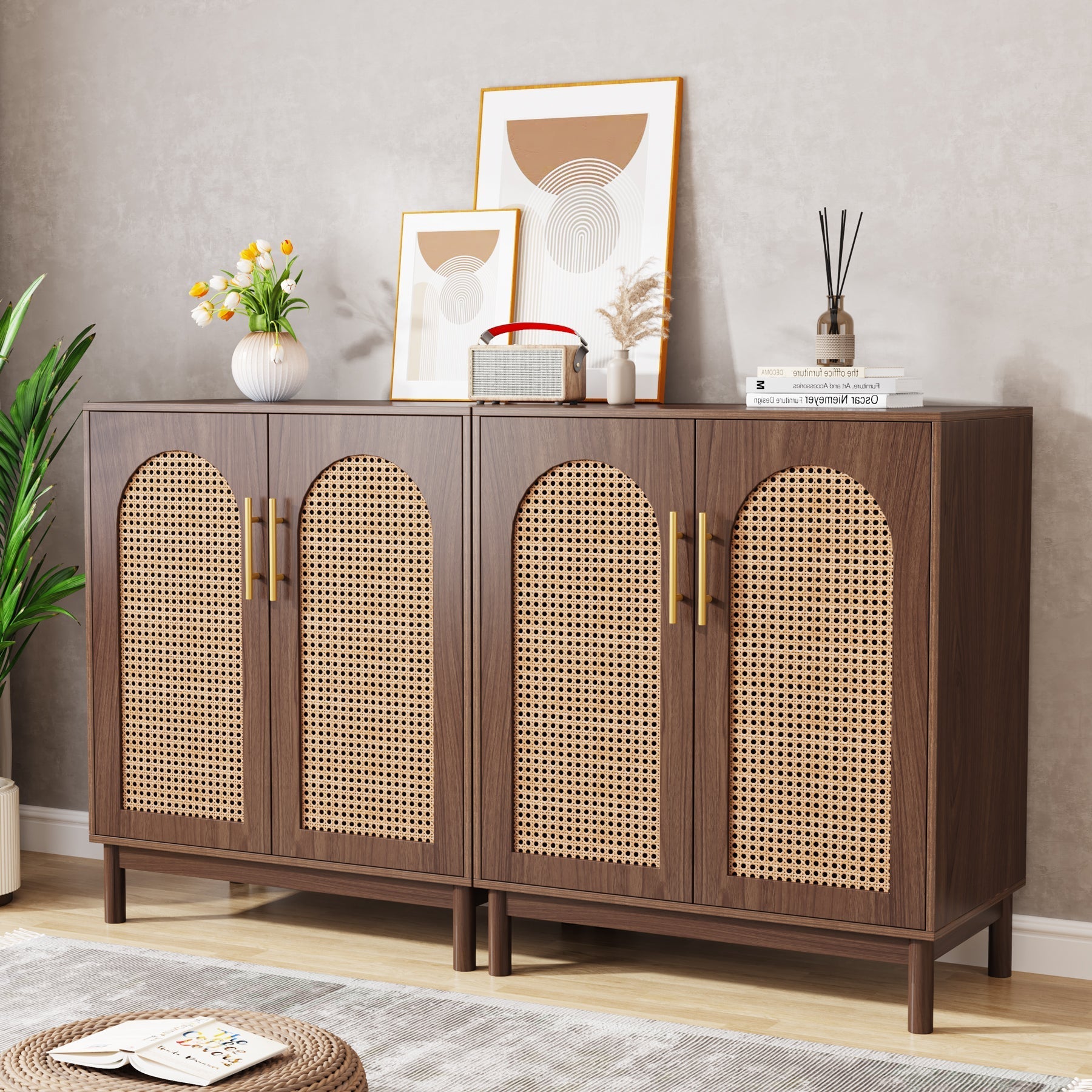 Sideboard Buffet Set of 2, Accent Rattan Storage Cabinet with Doors (in cm)