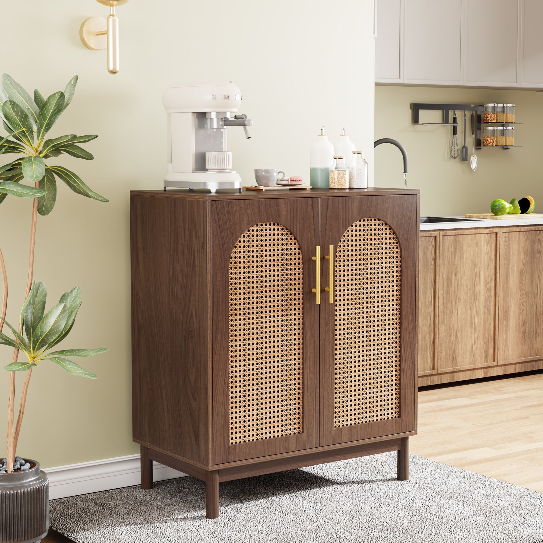 Sideboard Buffet Set of 2, Accent Rattan Storage Cabinet with Doors (in cm)