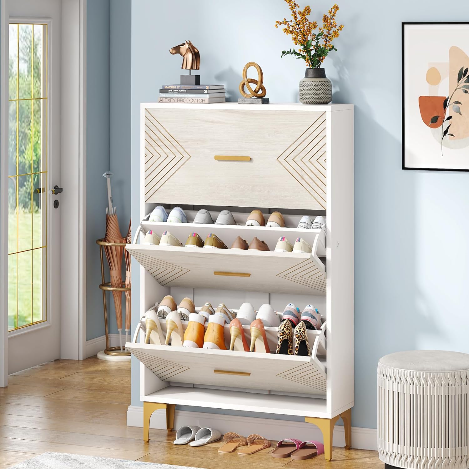 Slim Shoe Cabinet, Hidden Shoe Rack Organizer with 3 Flip Drawers (in cm)