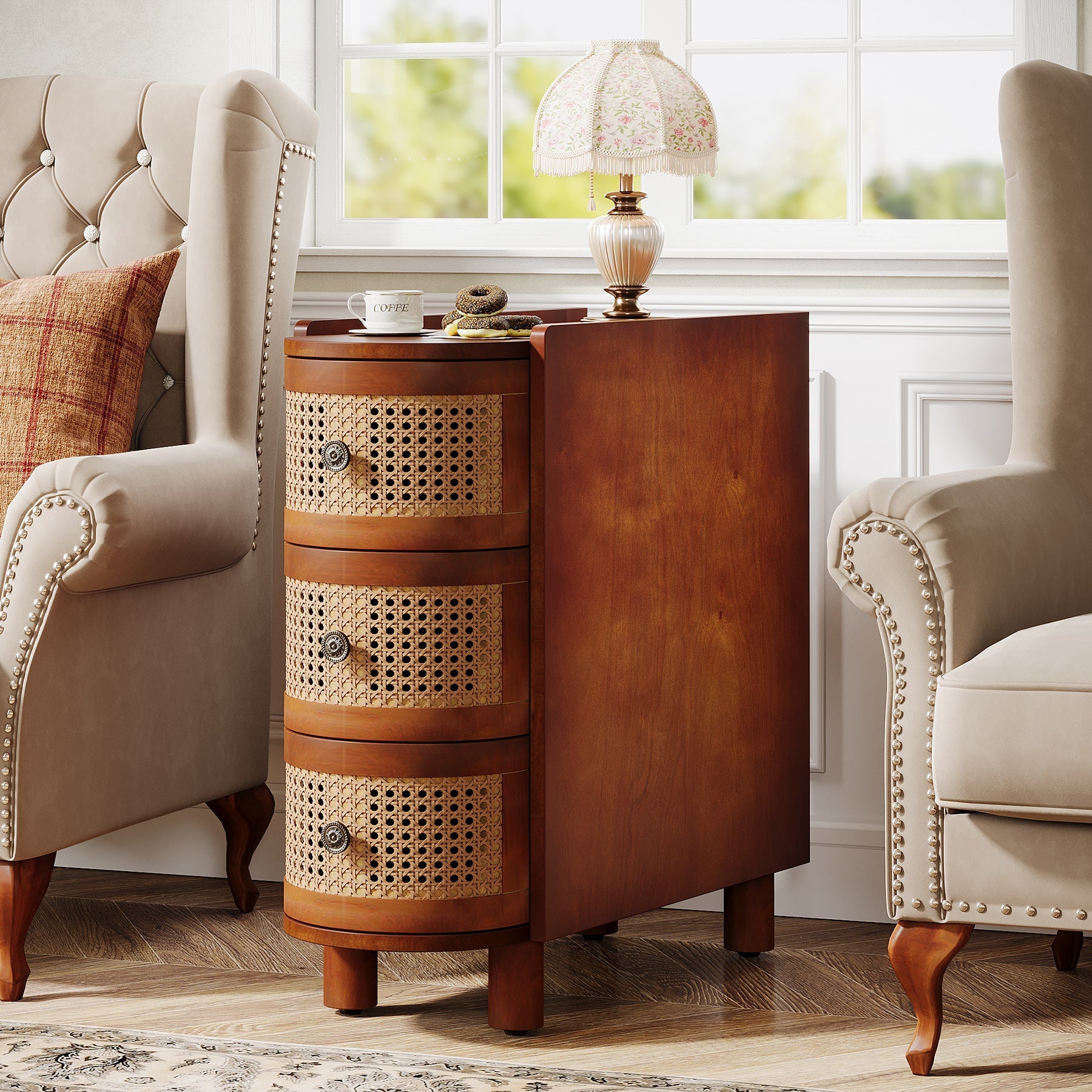 Solid Wood End Table, 3-Drawer Side Table Nightstand with 3 Rattan Drawers (Dimensions in cm)