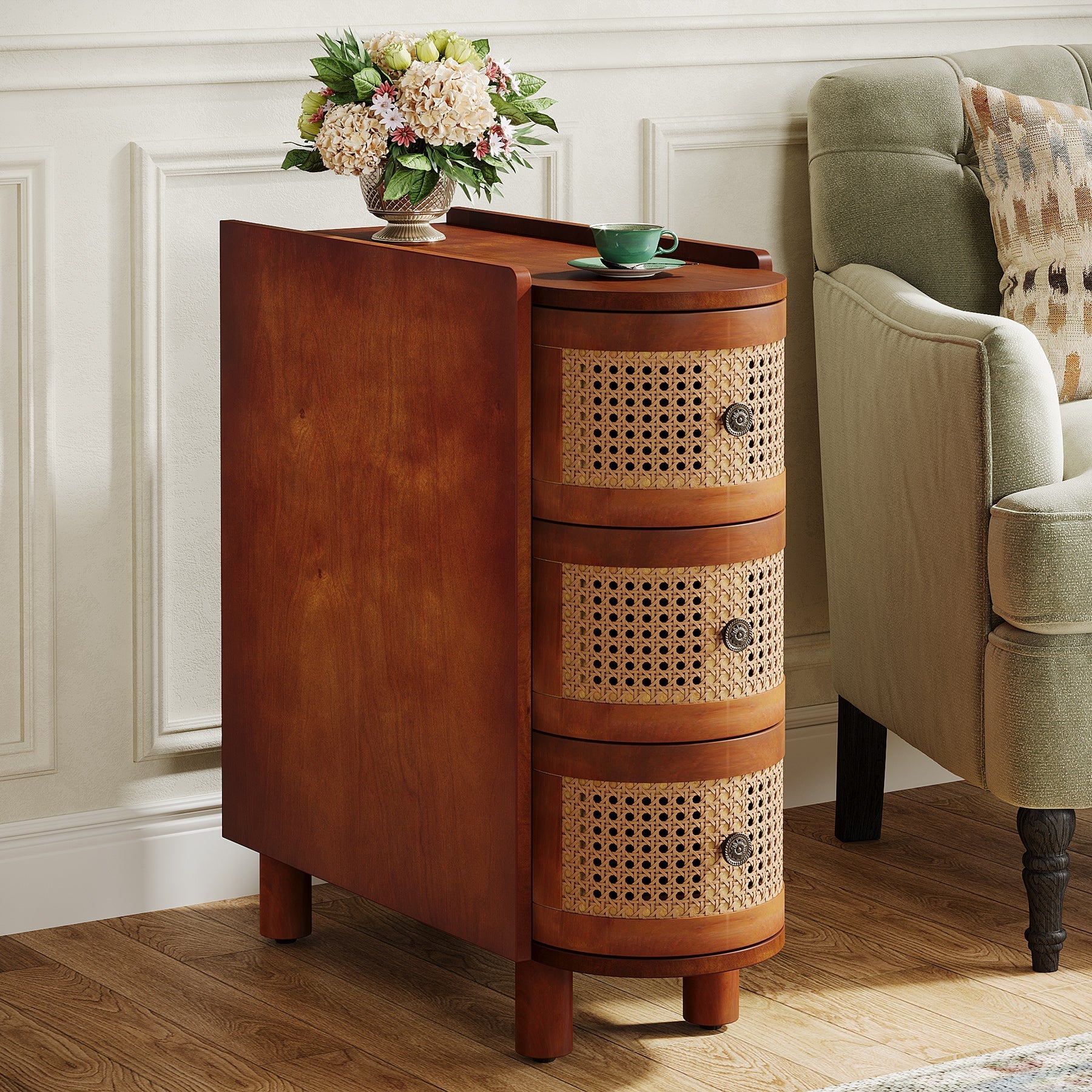 Solid Wood End Table, 3-Drawer Side Table Nightstand with 3 Rattan Drawers (Dimensions in cm)