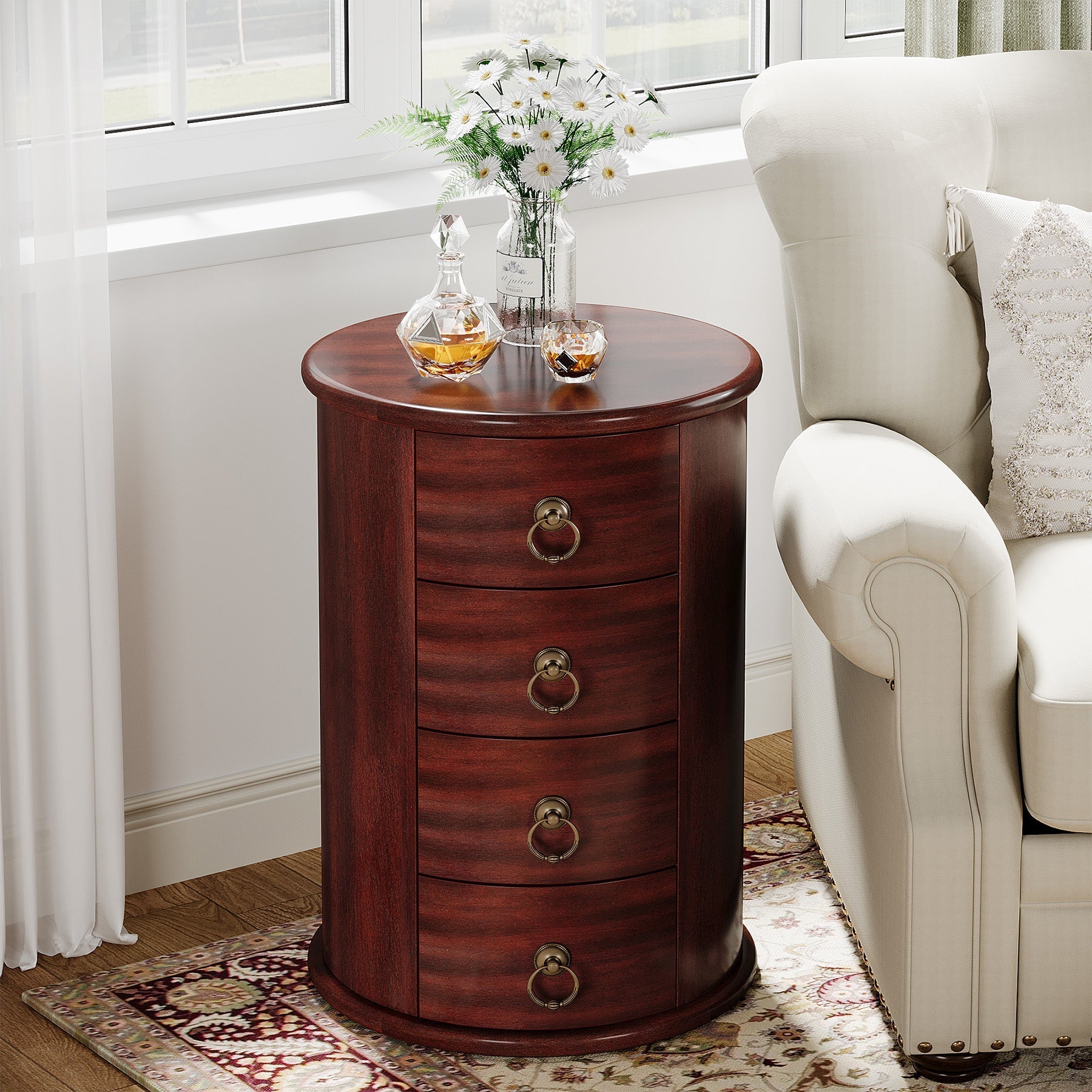 Solid Wood End Table, Round Side Table With 4 Drawers