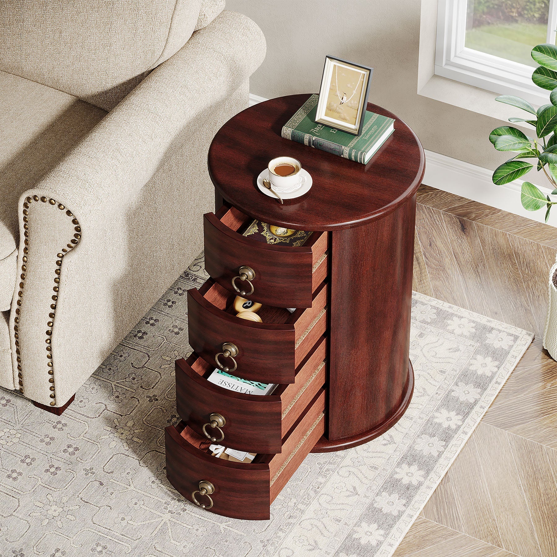 Solid Wood End Table, Round Side Table With 4 Drawers