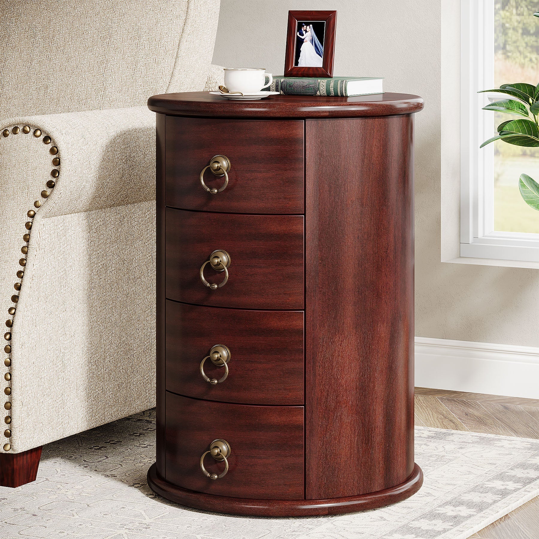 Solid Wood End Table, Round Side Table With 4 Drawers