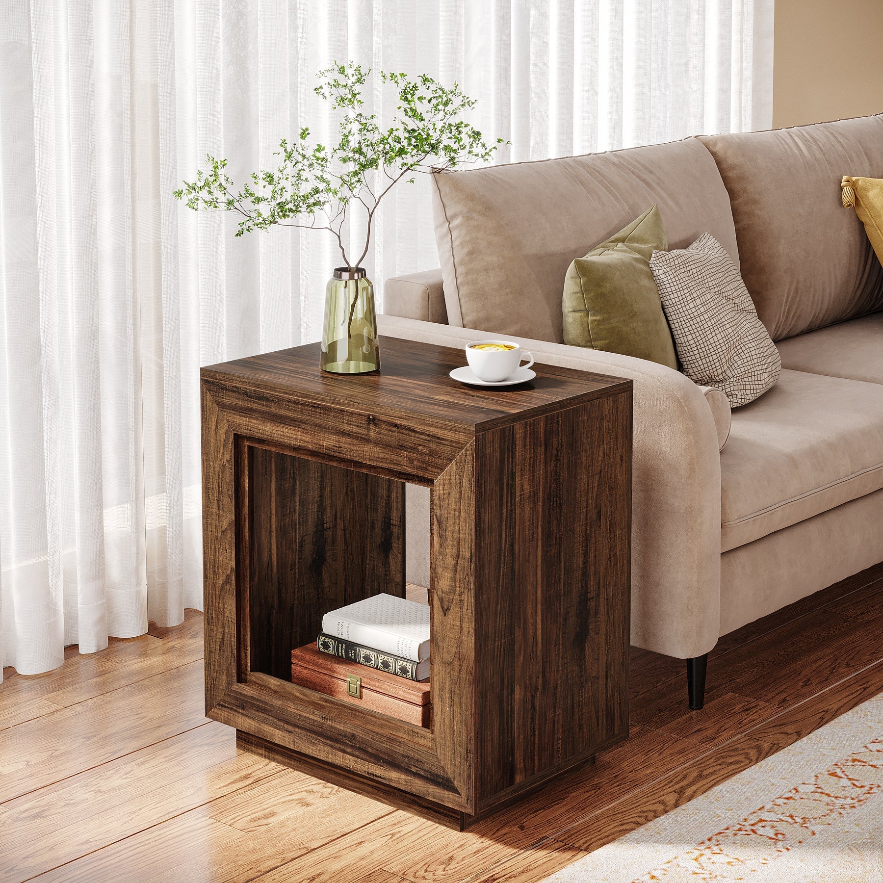 Solid Wood End Table, Square Side Table Nightstands with Storage