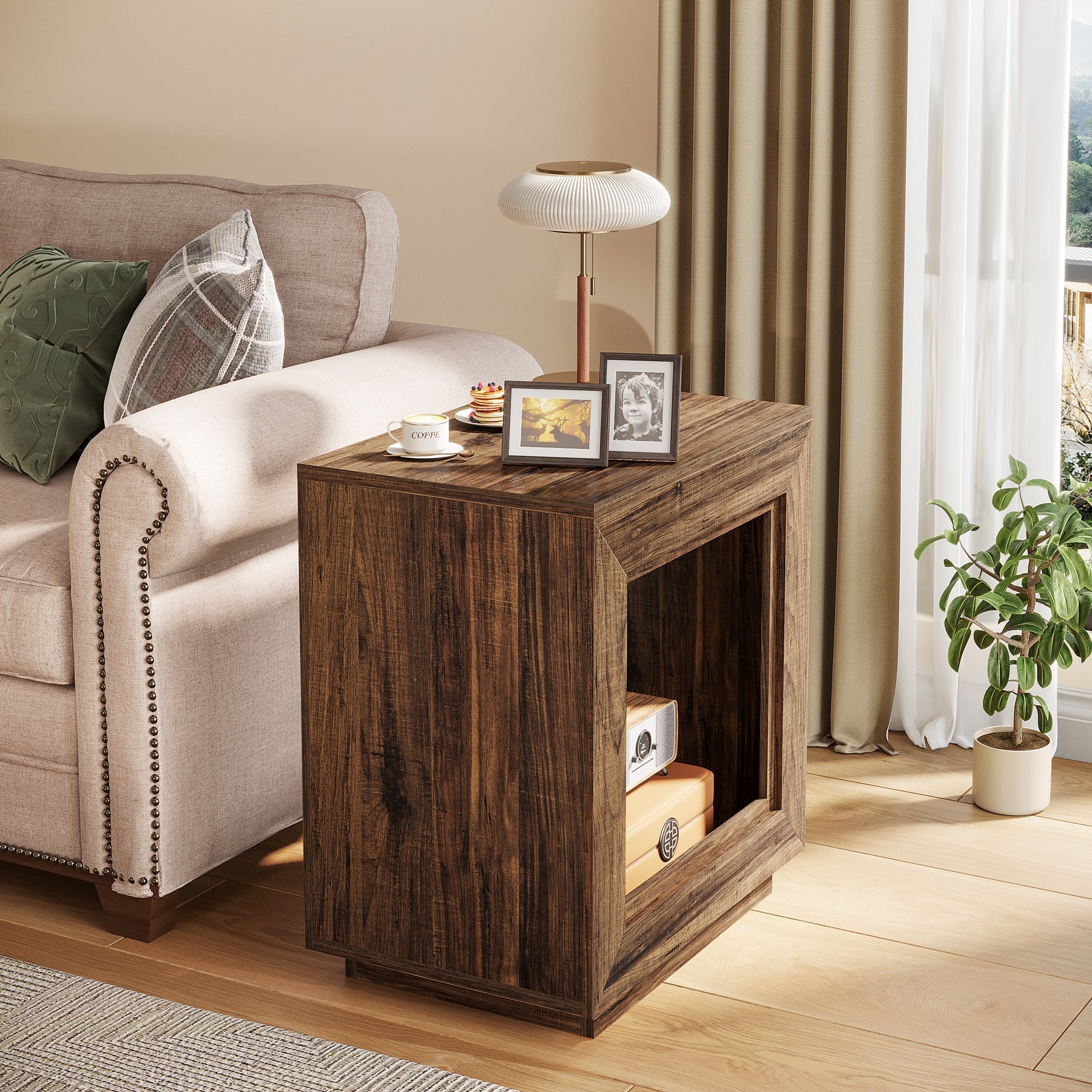 Solid Wood End Table, Square Side Table Nightstands with Storage