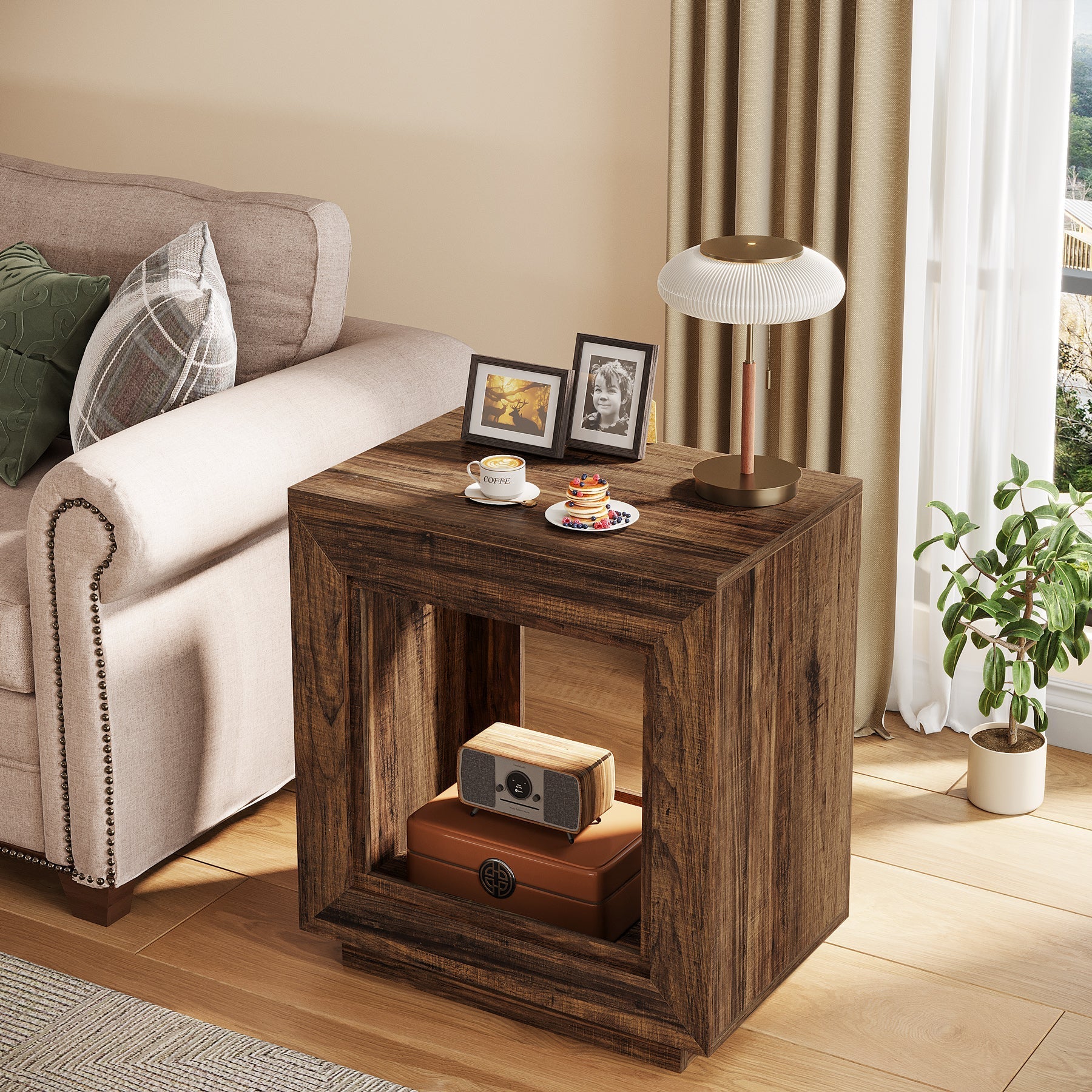 Solid Wood End Table, Square Side Table Nightstands with Storage