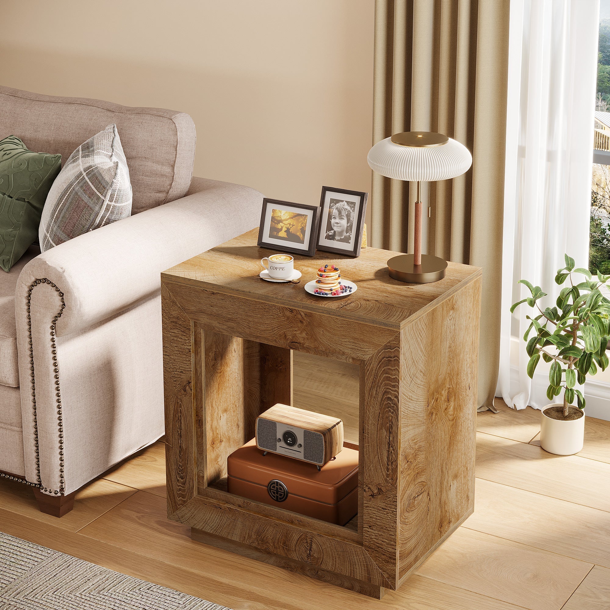 Solid Wood End Table, Square Side Table Nightstands with Storage