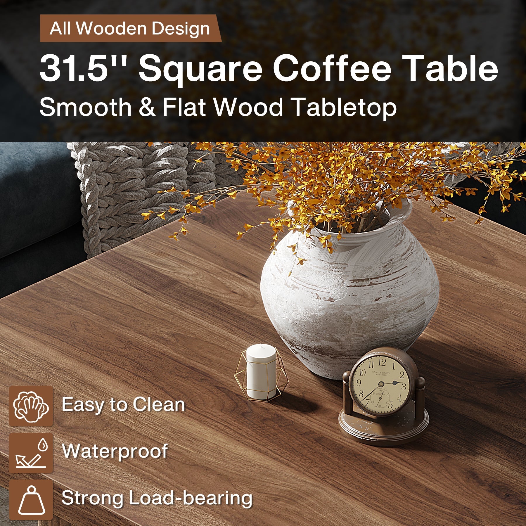 Square Coffee Table, 80 cm Wood Center Table Cocktail Table