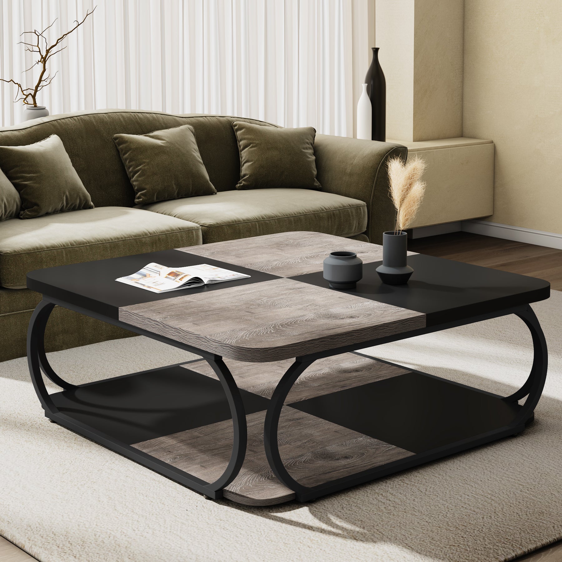 Square Coffee Table, 99 cm Central Cocktail Table with 2-Tier Shelves