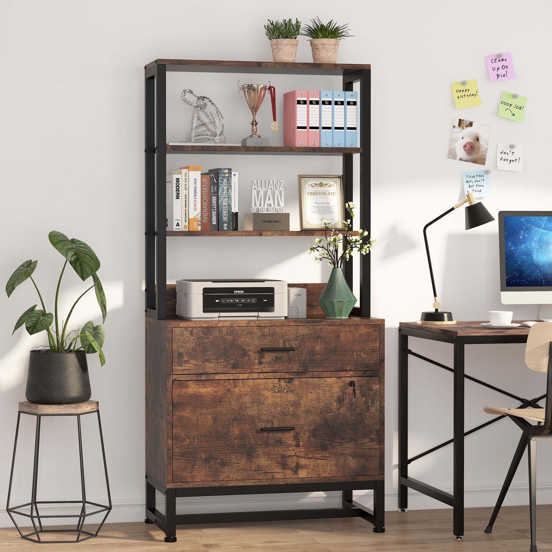 2-Drawer File Cabinet, Vertical Filing Cabinet with Lock & Bookshelf (Converted to cm)