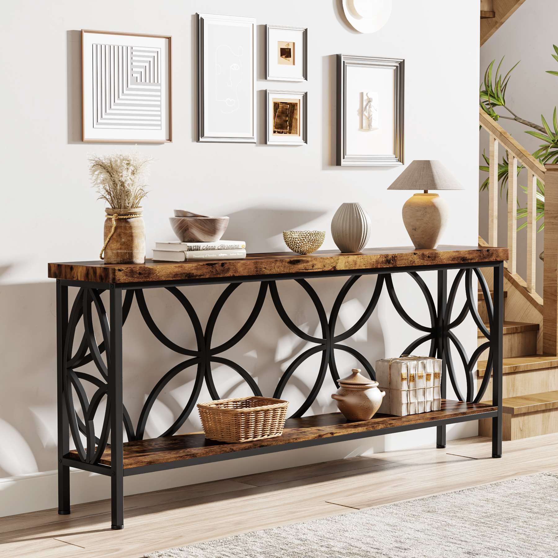 2-Tier Console Table, 180 cm Industrial Sofa Table Behind Couch