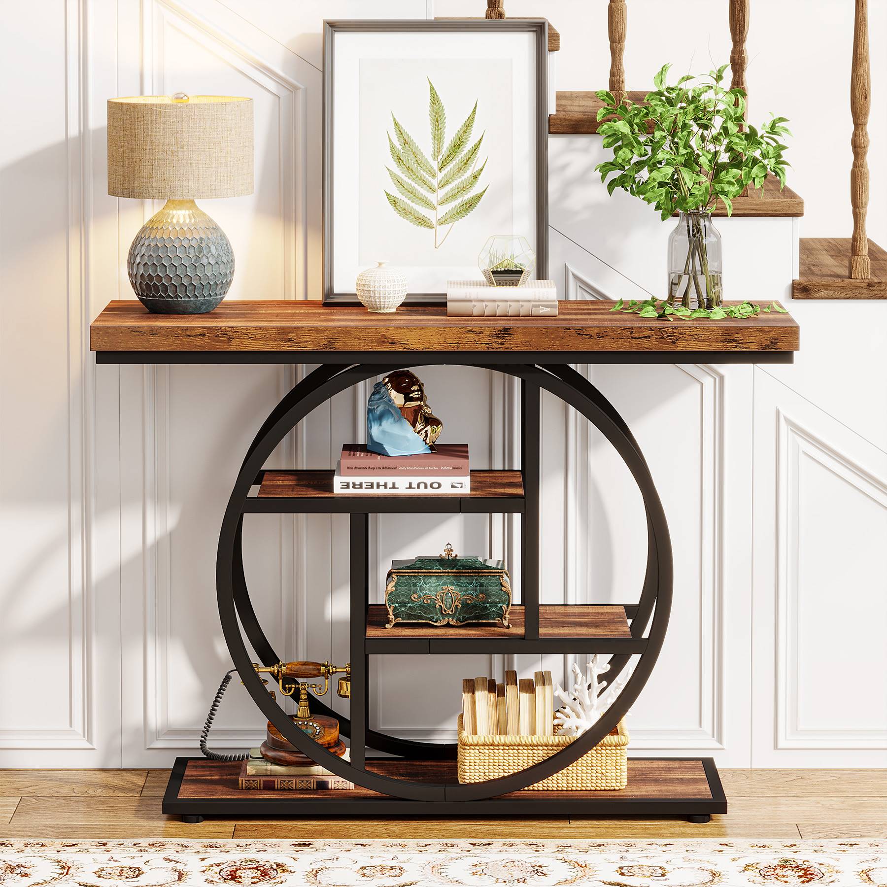 104.9 cm Console Table, Industrial 4-Tier Sofa Entryway Table with Circle Base