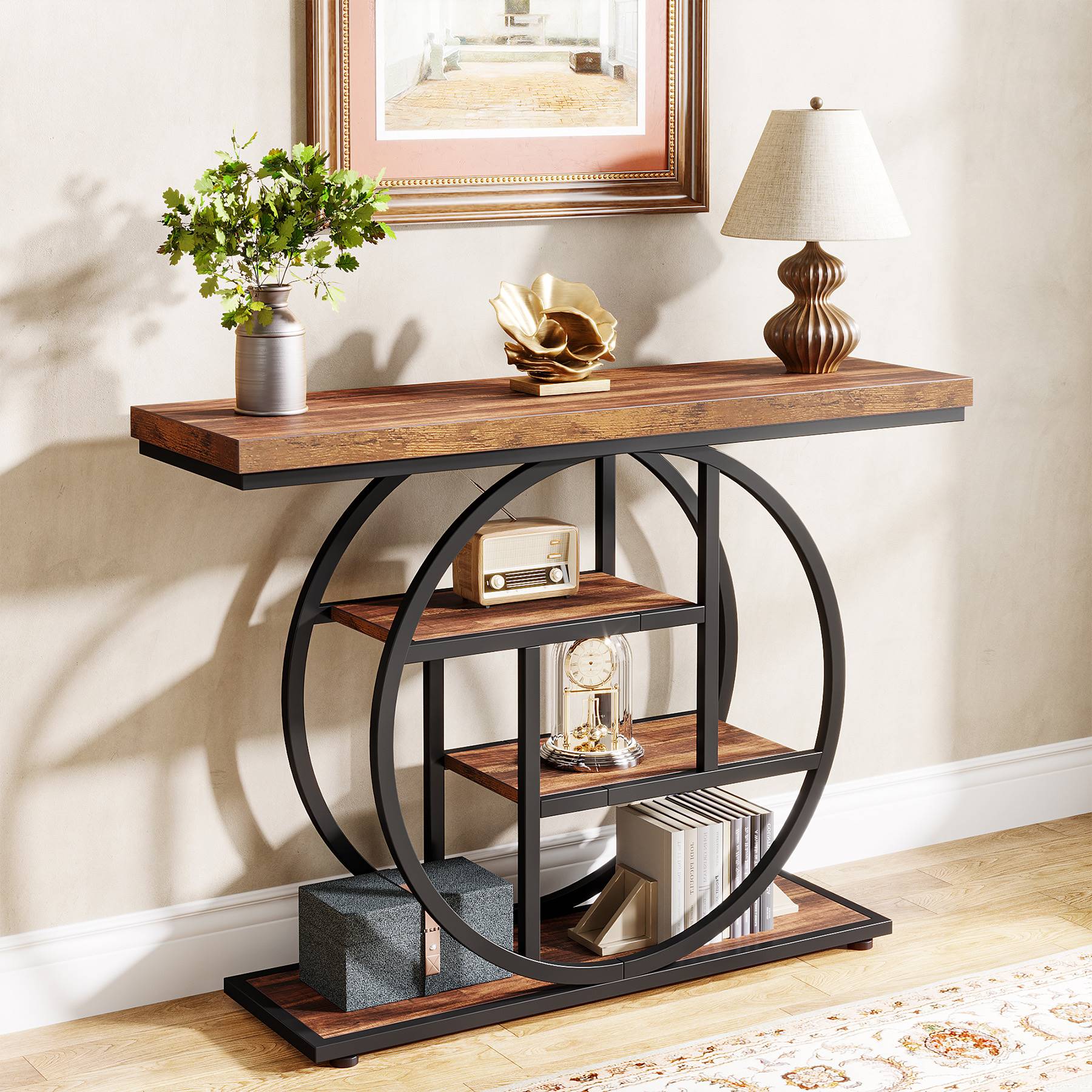 104.9 cm Console Table, Industrial 4-Tier Sofa Entryway Table with Circle Base