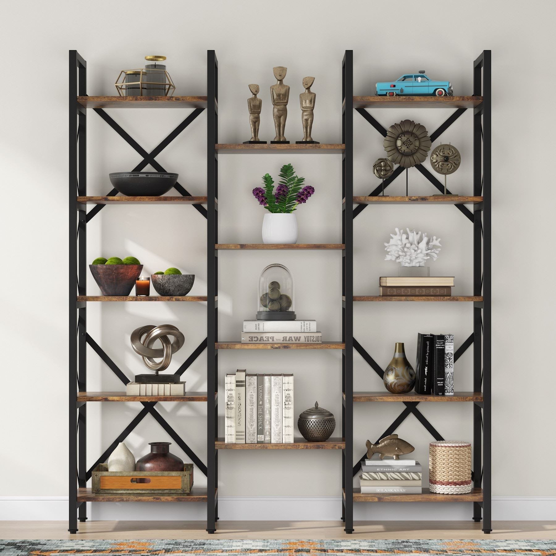 150 cm Bookshelf, Triple Wide 5-Shelf Bookcase Display Rack