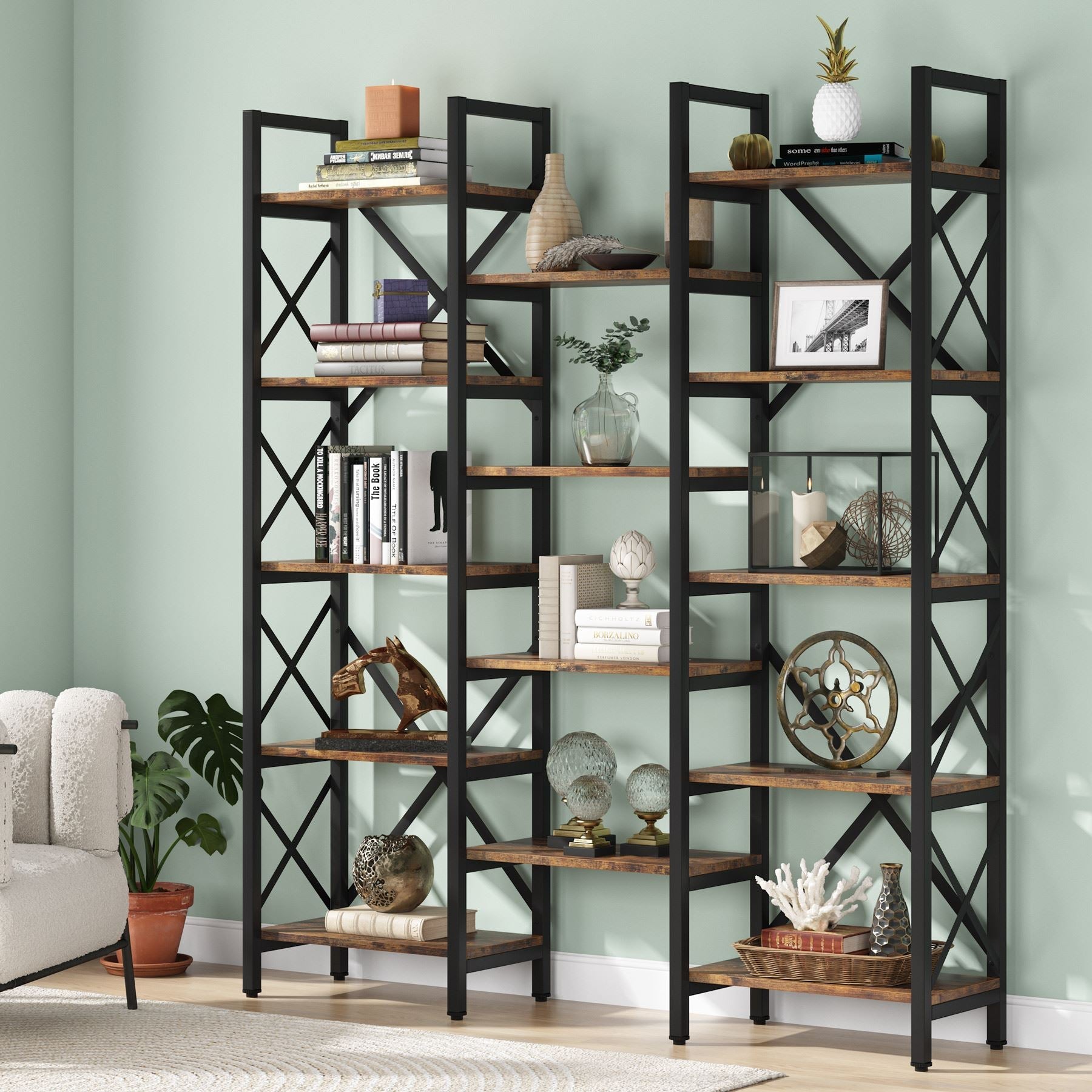 150 cm Bookshelf, Triple Wide 5-Shelf Bookcase Display Rack