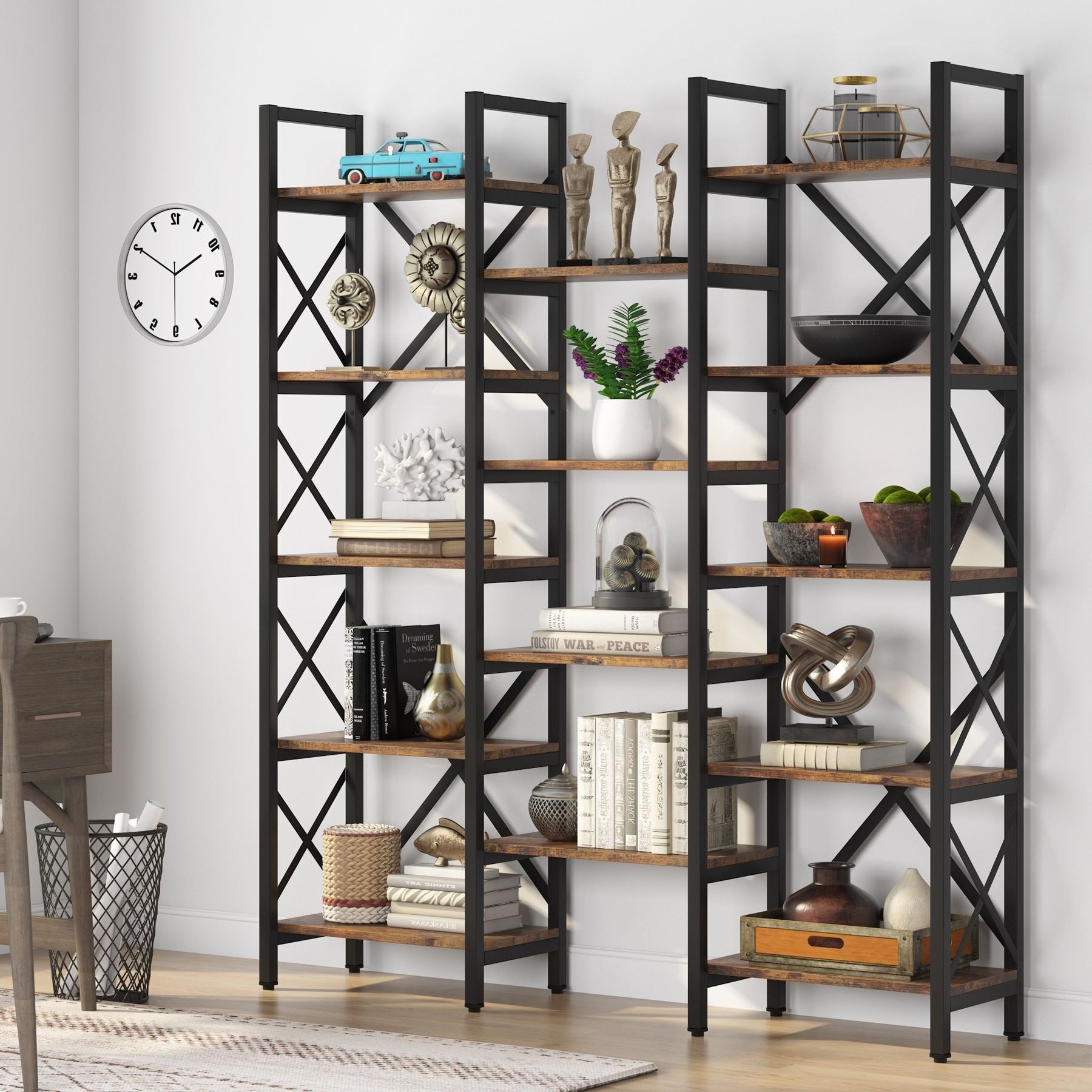 150 cm Bookshelf, Triple Wide 5-Shelf Bookcase Display Rack